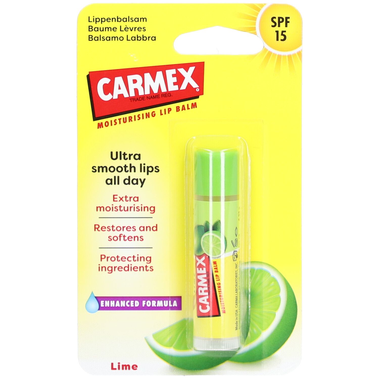 CARMEX Lippenbalsem Limoen SPF15. Gele verpakking met product en limoen. Zichtbaar: lippenbalsem stick.