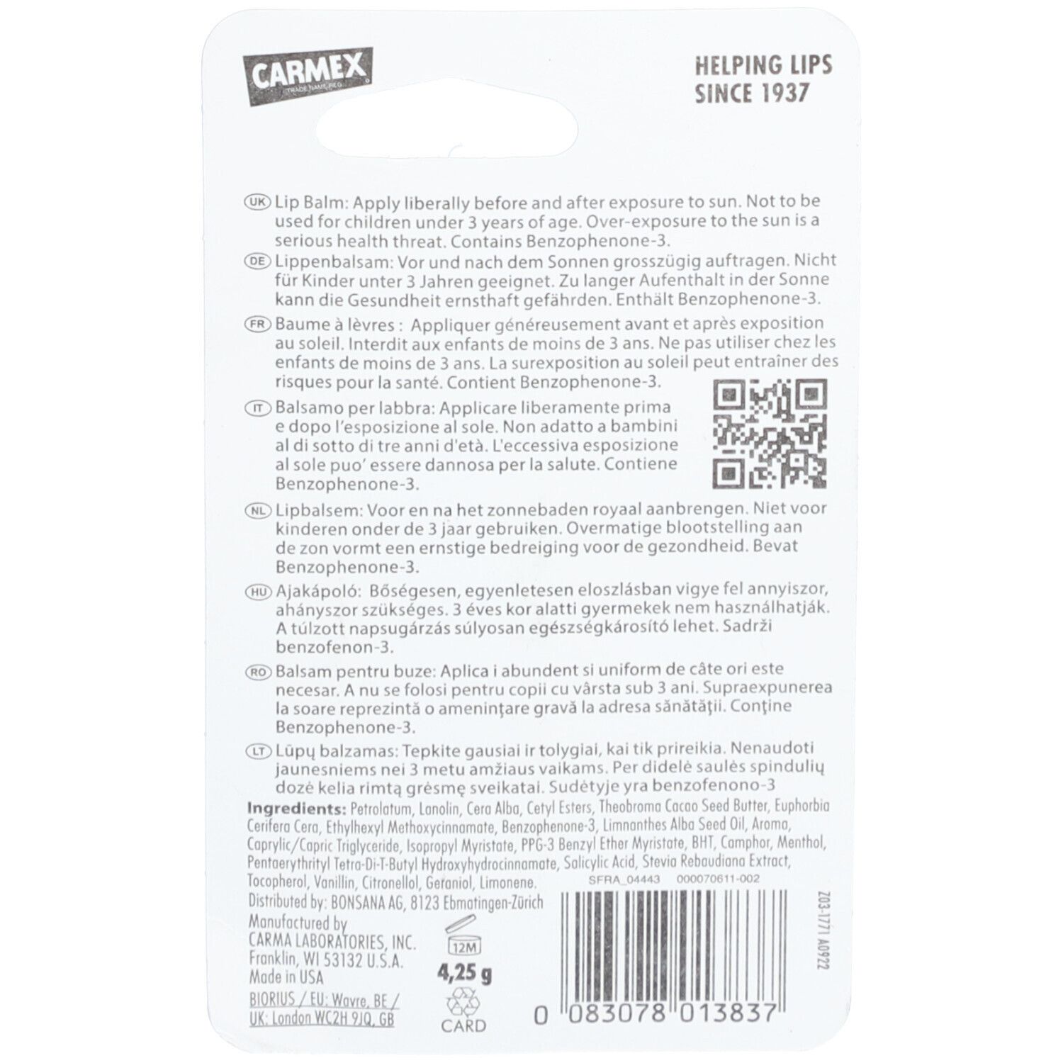 Achterkant van de CARMEX Lippenbalsem Limoen SPF15 verpakking. Tekst in meerdere talen. QR-code en ingrediënten.