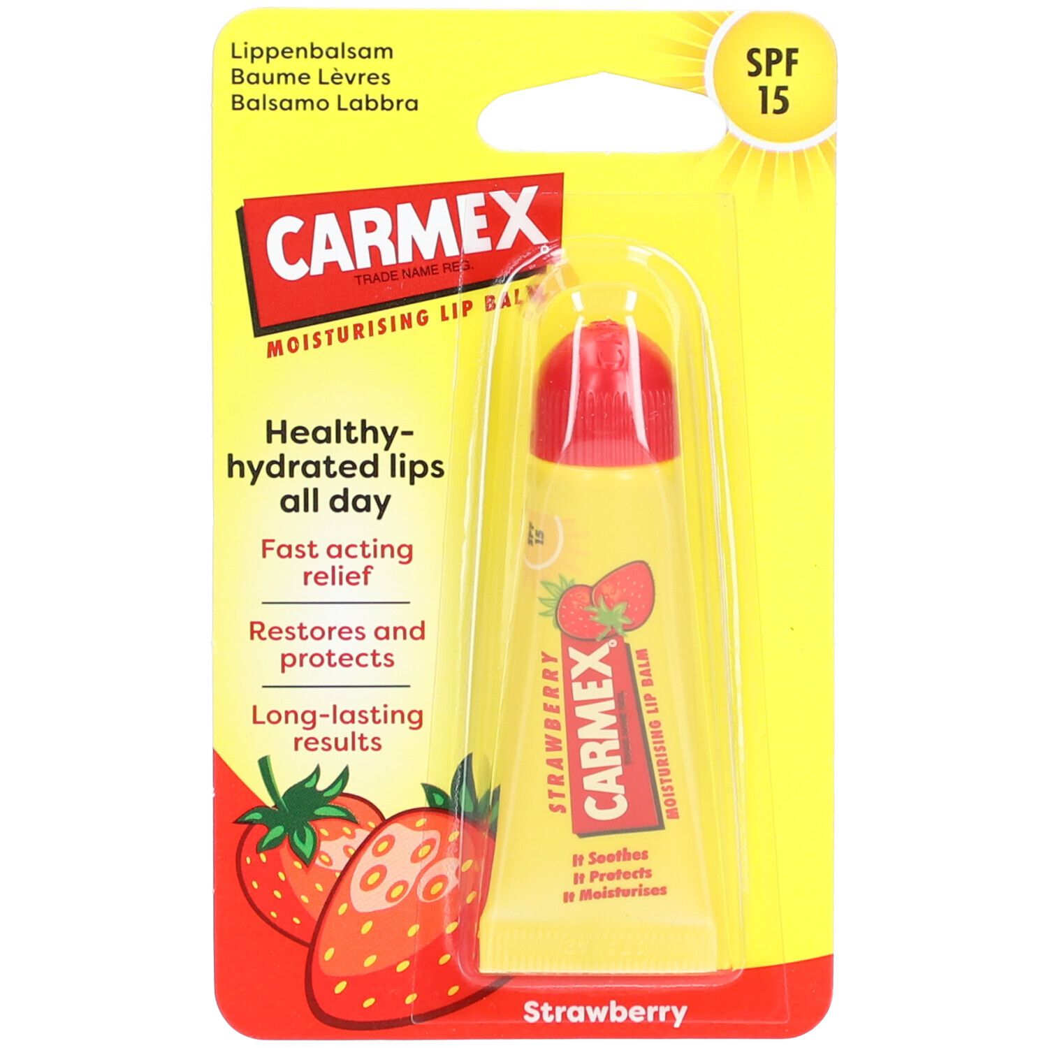 CARMEX Lippenbalsem Aardbei SPF15. Gele tube met rode dop. Aardbei-illustratie. Opschrift: "CARMEX".