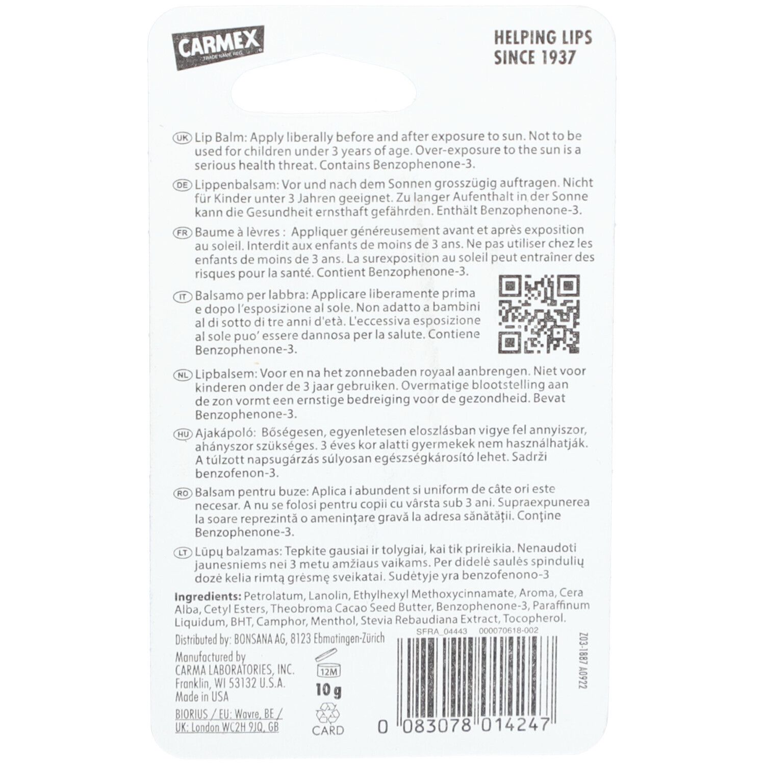 Achterkant verpakking CARMEX lippenbalsem. Tekst in meerdere talen. QR-code. Ingrediënten en fabrikantgegevens.