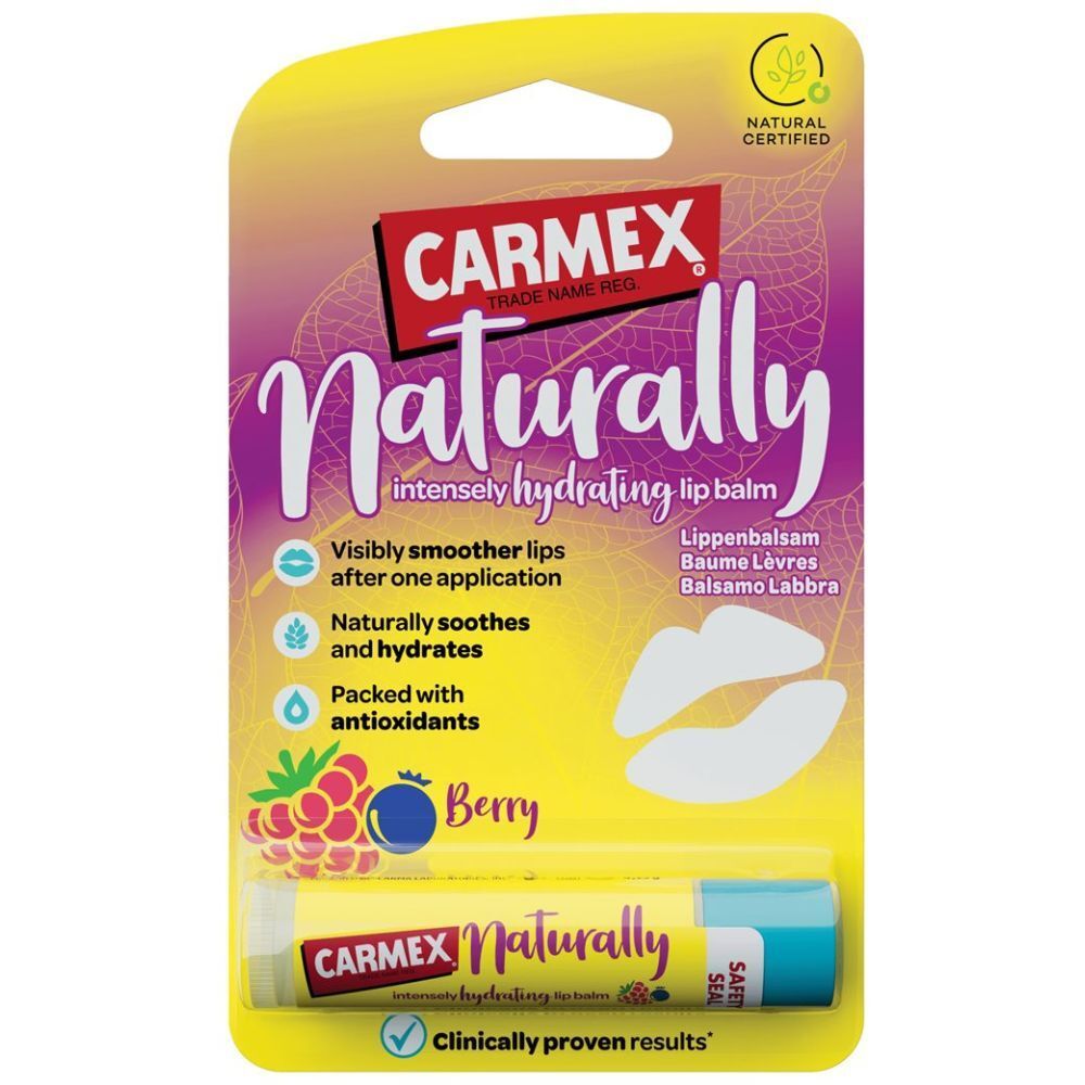 CARMEX Naturally Berry lippenbalsem in blisterverpakking. Geel-roze verpakking met product en lippenbalsem stick.