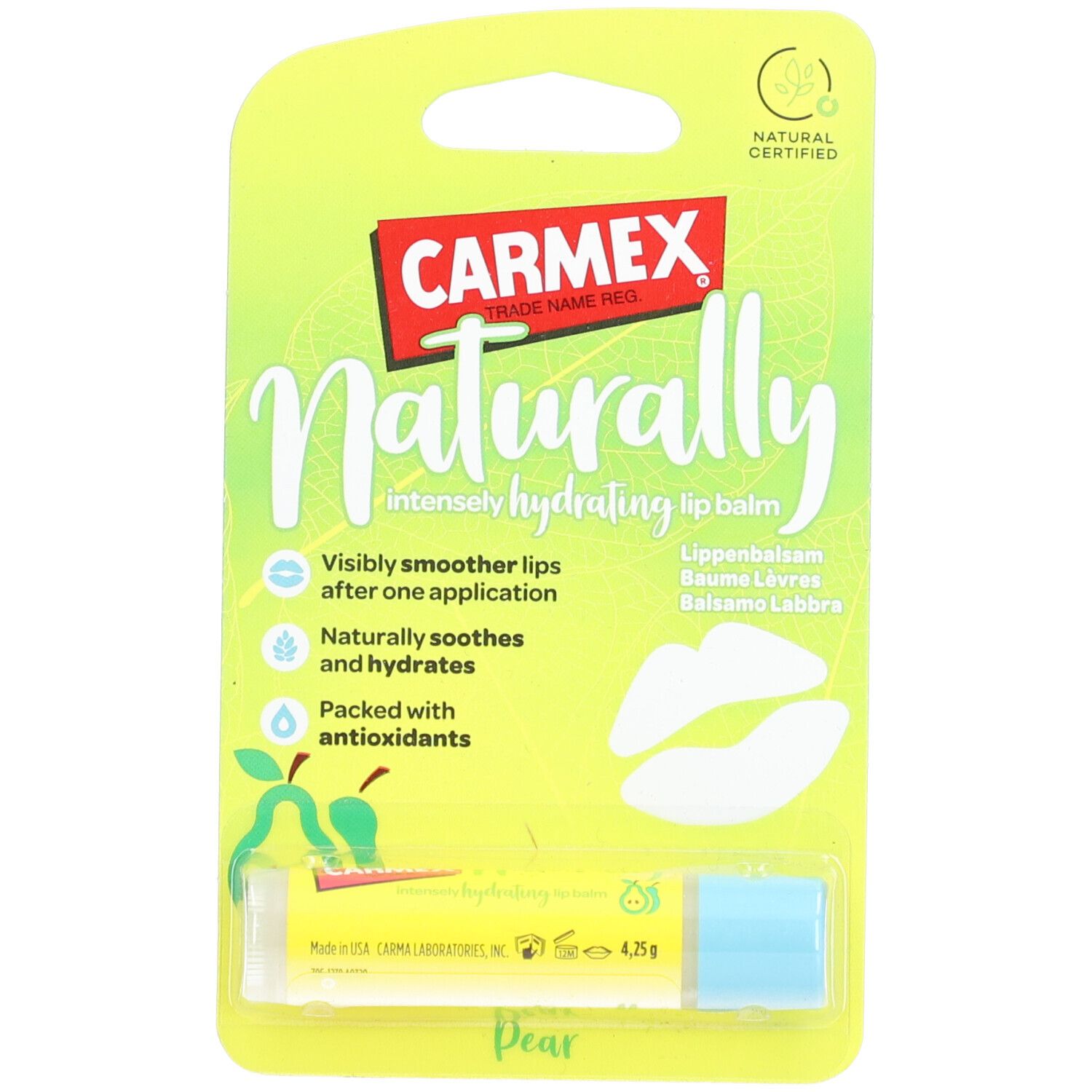 CARMEX Naturally lippenbalsem. Gele verpakking met lippenbalsem. Opschrift "Naturally" en "CARMEX". Keurmerk "Natural Certified".