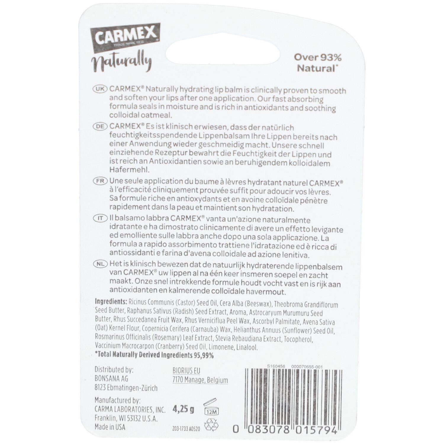 Achterkant van de CARMEX Naturally lippenbalsem verpakking. Tekst in meerdere talen. Ingrediënten en fabrikantgegevens. Keurmerk "Over 93% Natural".