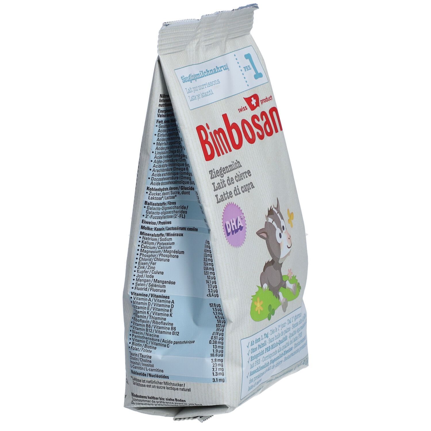 Bimbosan Ziegenmilch Säuglingsmilchnahrung PRE 1 zak, zijaanzicht. Ingrediënten en voedingswaarden. Zwitsers product.
