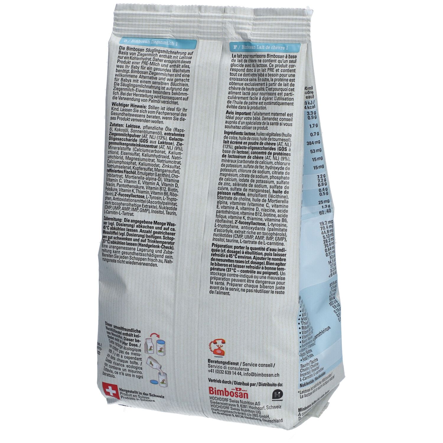 Achterkant van de Bimbosan Ziegenmilch Säuglingsmilchnahrung PRE 1 zak. Informatie over bereiding en ingrediënten.