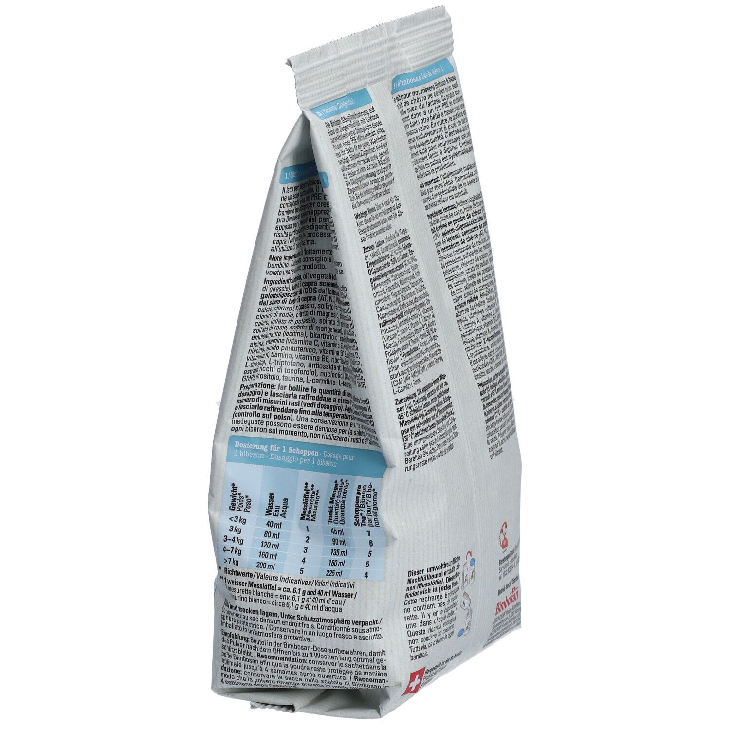 Bimbosan Ziegenmilch Säuglingsmilchnahrung PRE 1 zak, zijaanzicht. Doseertabel voor de bereiding.