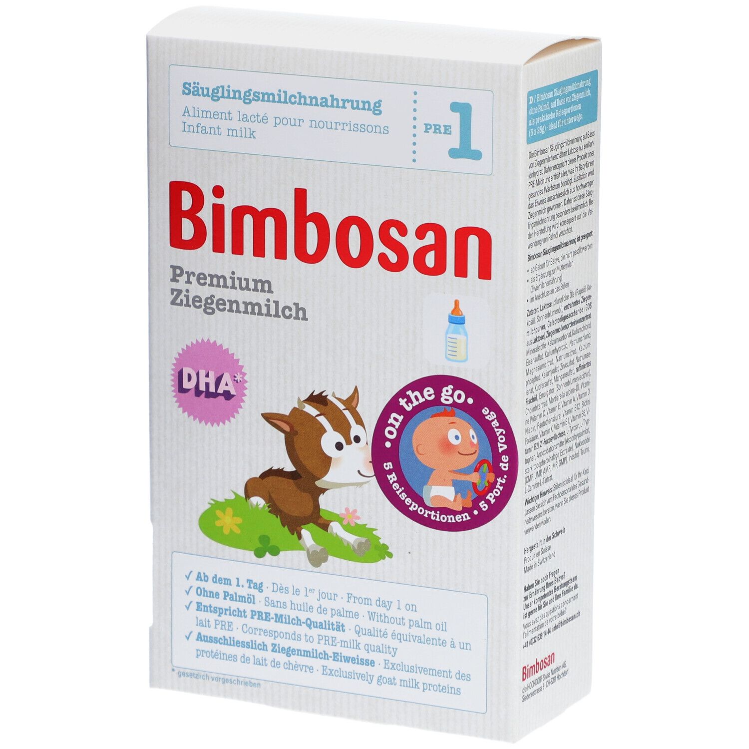 Bimbosan Lait infantile Premium au lait de chèvre PRE 1 boîte avec motif de chèvre et illustration de bébé.