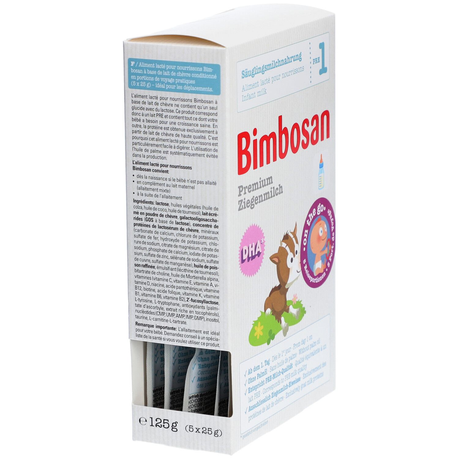 Bimbosan Lait infantile Premium au lait de chèvre PRE 1 boîte, verso avec informations nutritionnelles et ingrédients.