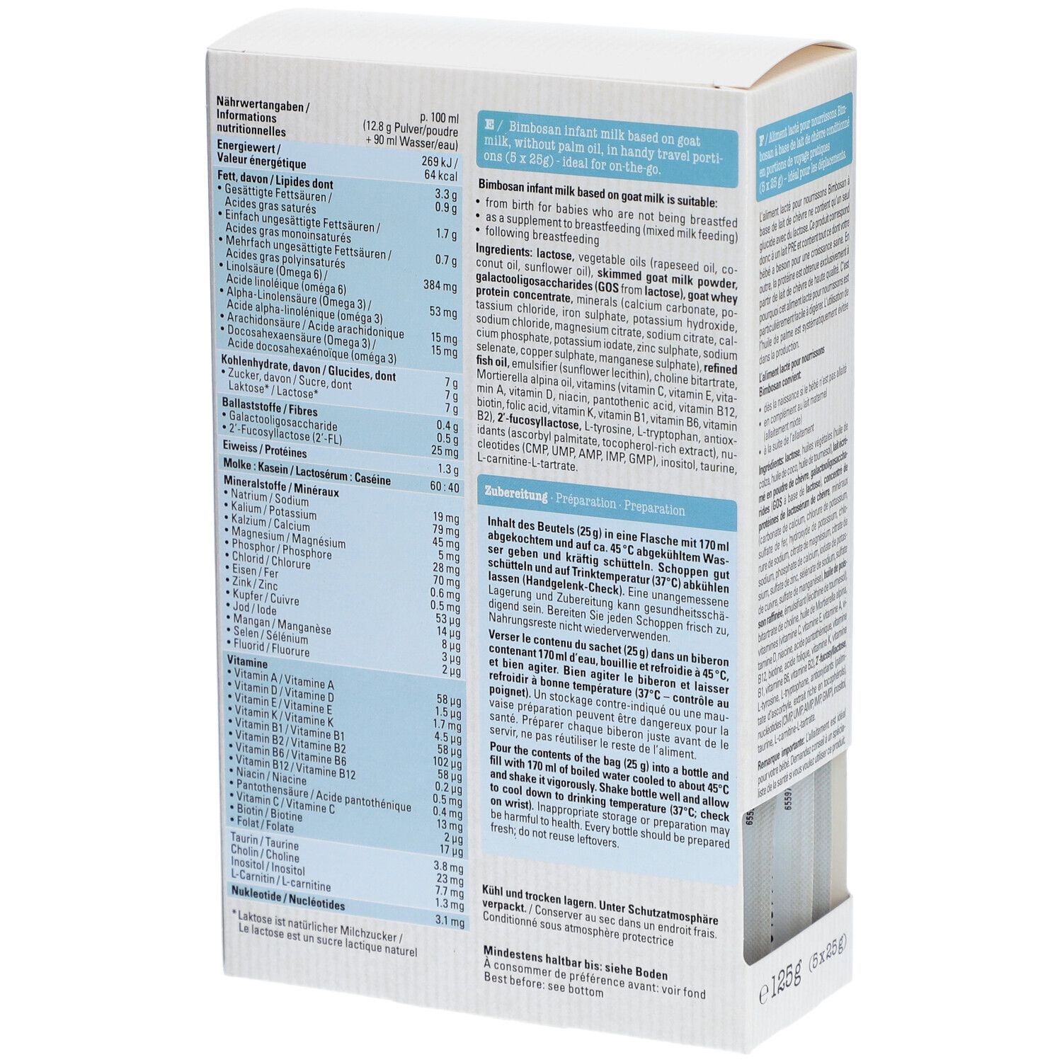 Bimbosan Lait infantile Premium au lait de chèvre PRE 1 boîte, vue latérale avec tableau nutritionnel.