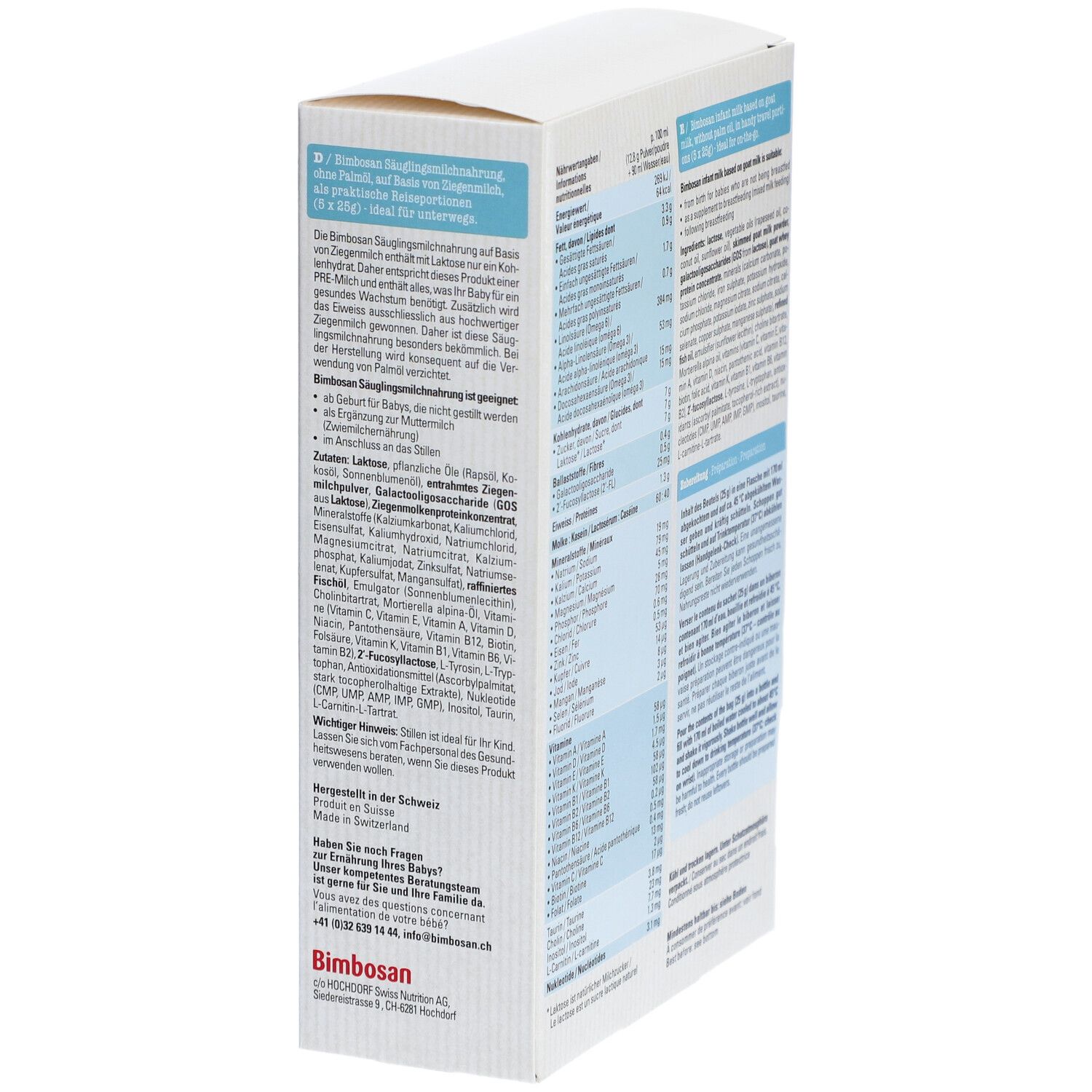 Bimbosan Lait infantile Premium au lait de chèvre PRE 1 boîte, vue latérale avec informations détaillées sur le produit.