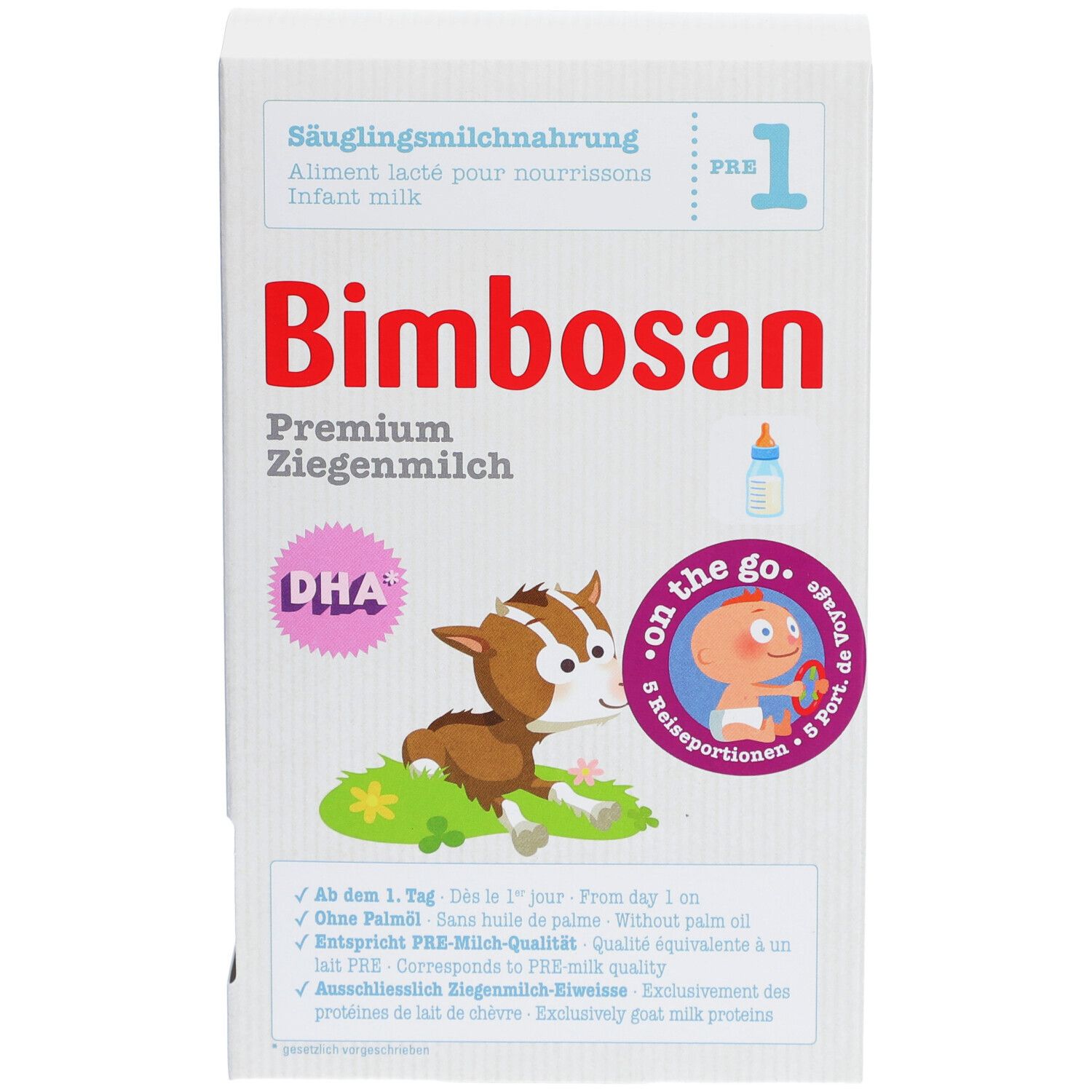 Bimbosan Lait infantile Premium au lait de chèvre PRE 1 boîte avec motif de chèvre et illustration de bébé.