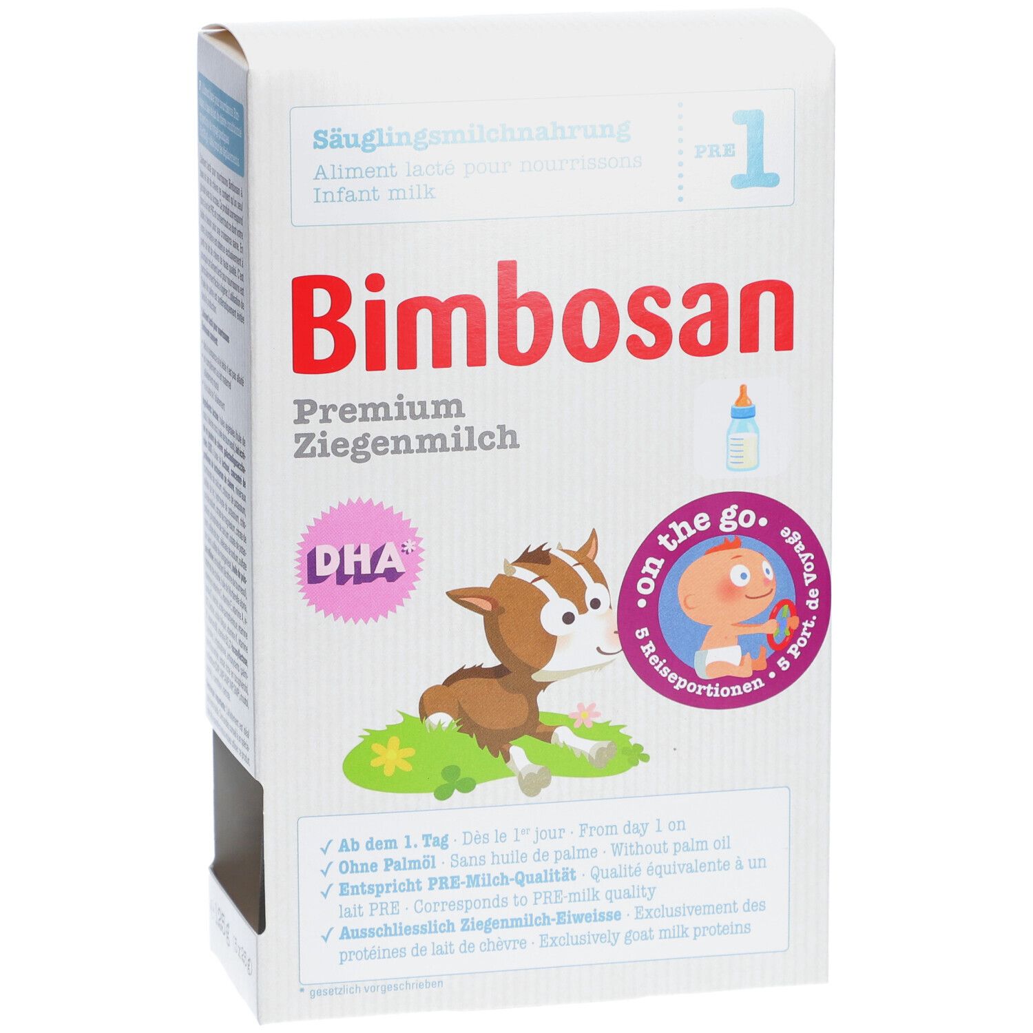 Bimbosan Lait infantile Premium au lait de chèvre PRE 1 boîte avec motif de chèvre et illustration de bébé.