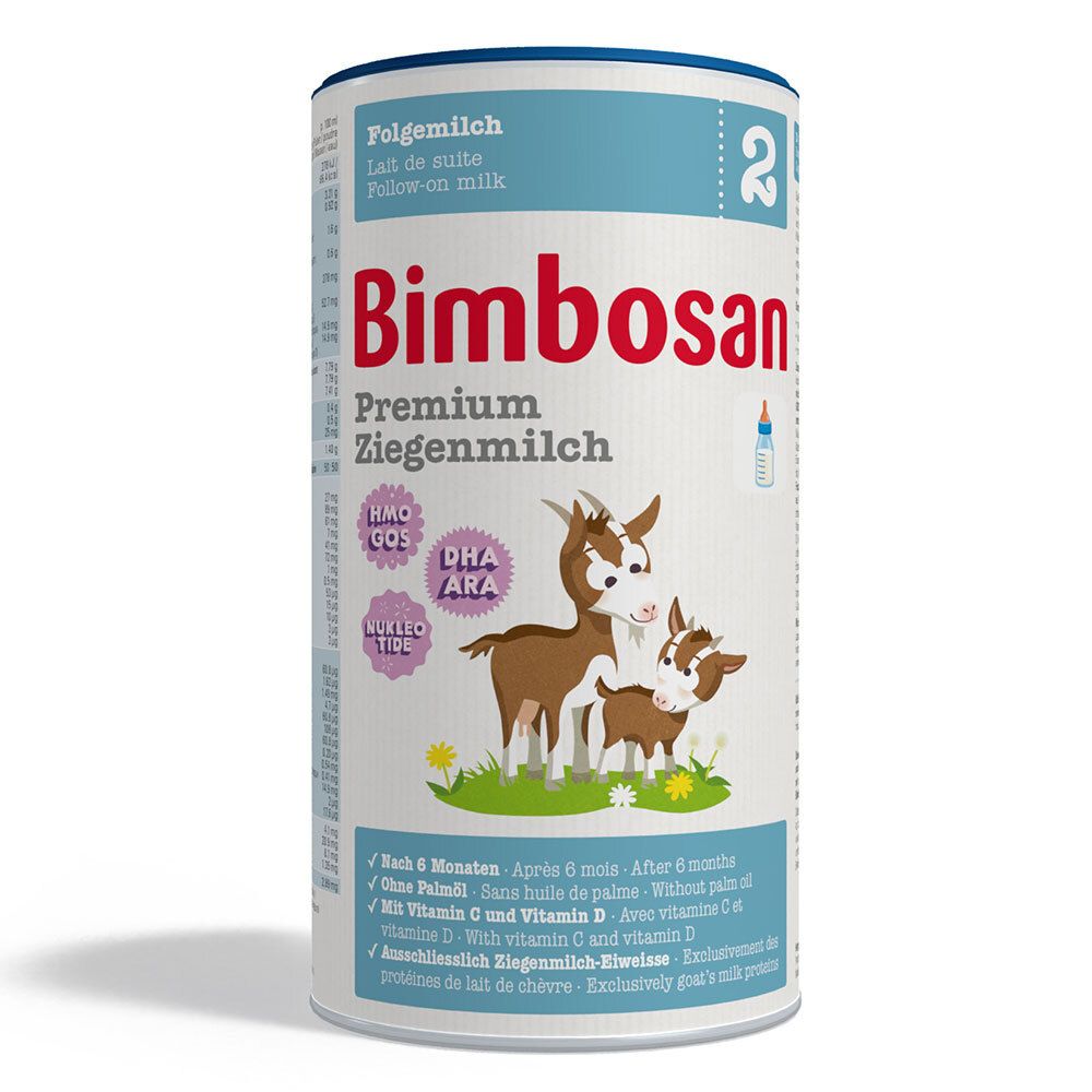 Cilindrische bus Bimbosan Premium geitenmelk. Opschrift 'Folgemilch 2'. Afbeelding van geiten.