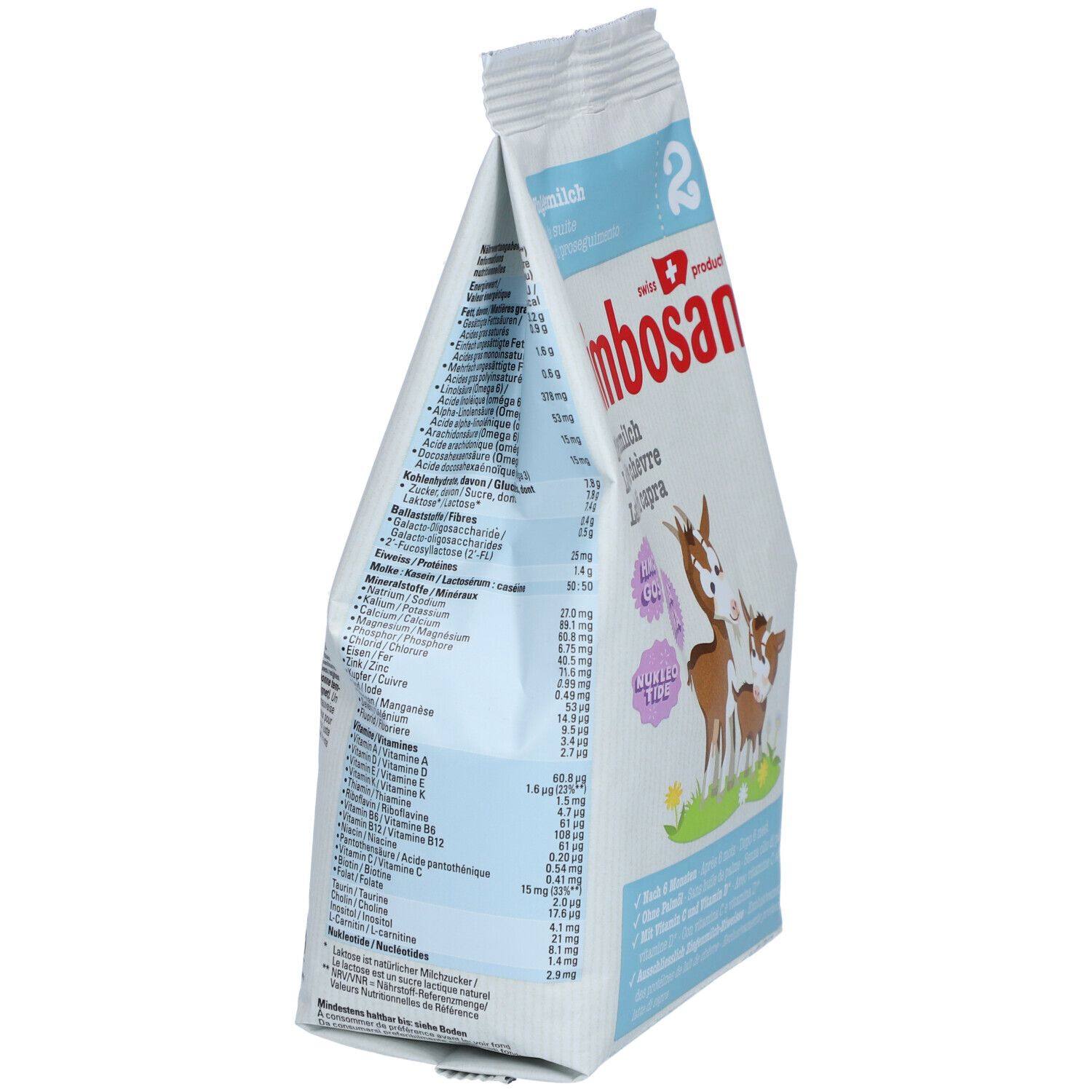 Bimbosan Ziegenmilch Folgemilch 2-verpakking, zijaanzicht. Opschriften: voedingswaarden, ingrediënten. Zwitsers kruis.