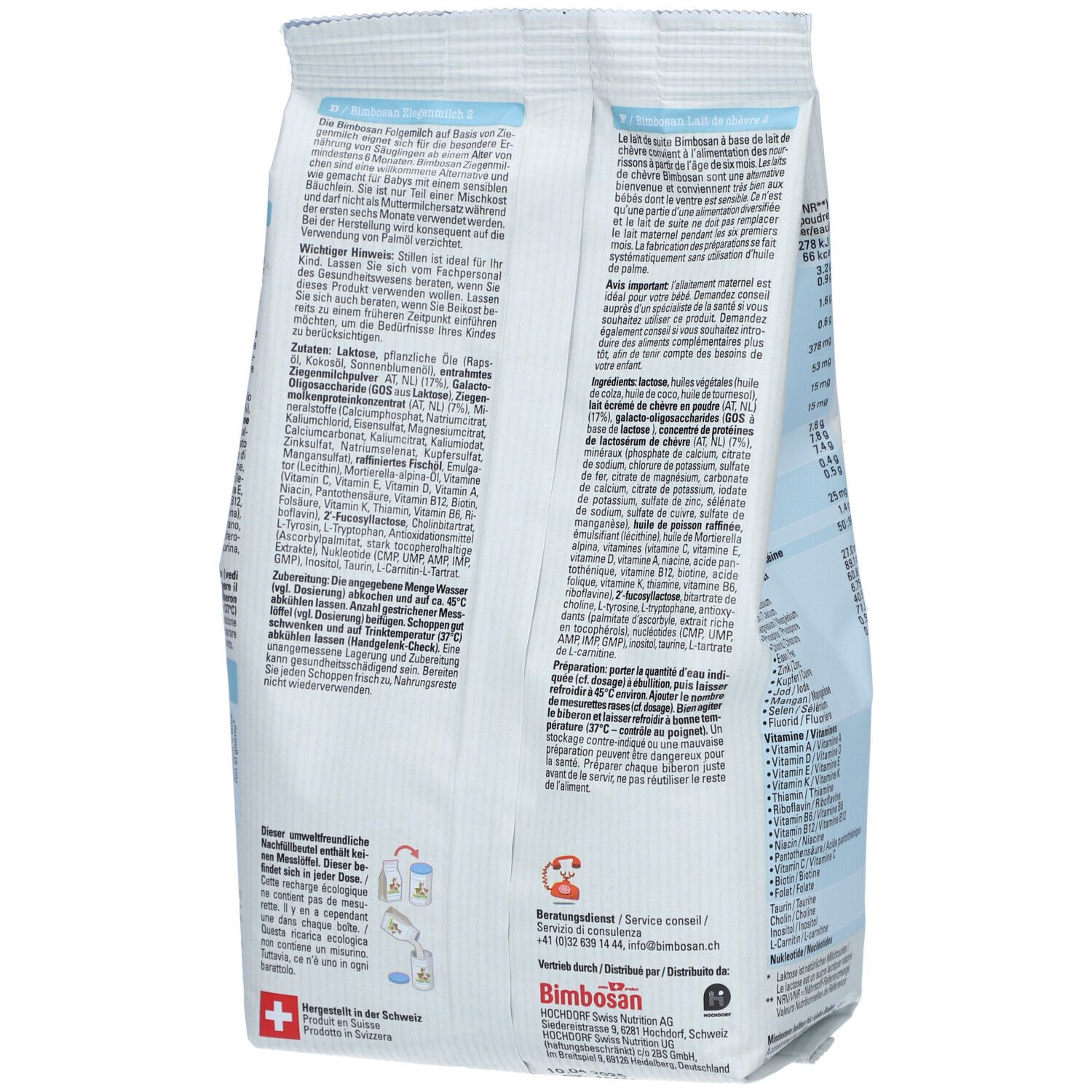 Achterkant van de Bimbosan Ziegenmilch Folgemilch 2-verpakking. Tekst: ingrediënten, bereiding, fabrikantinformatie. Zwitsers kruis.