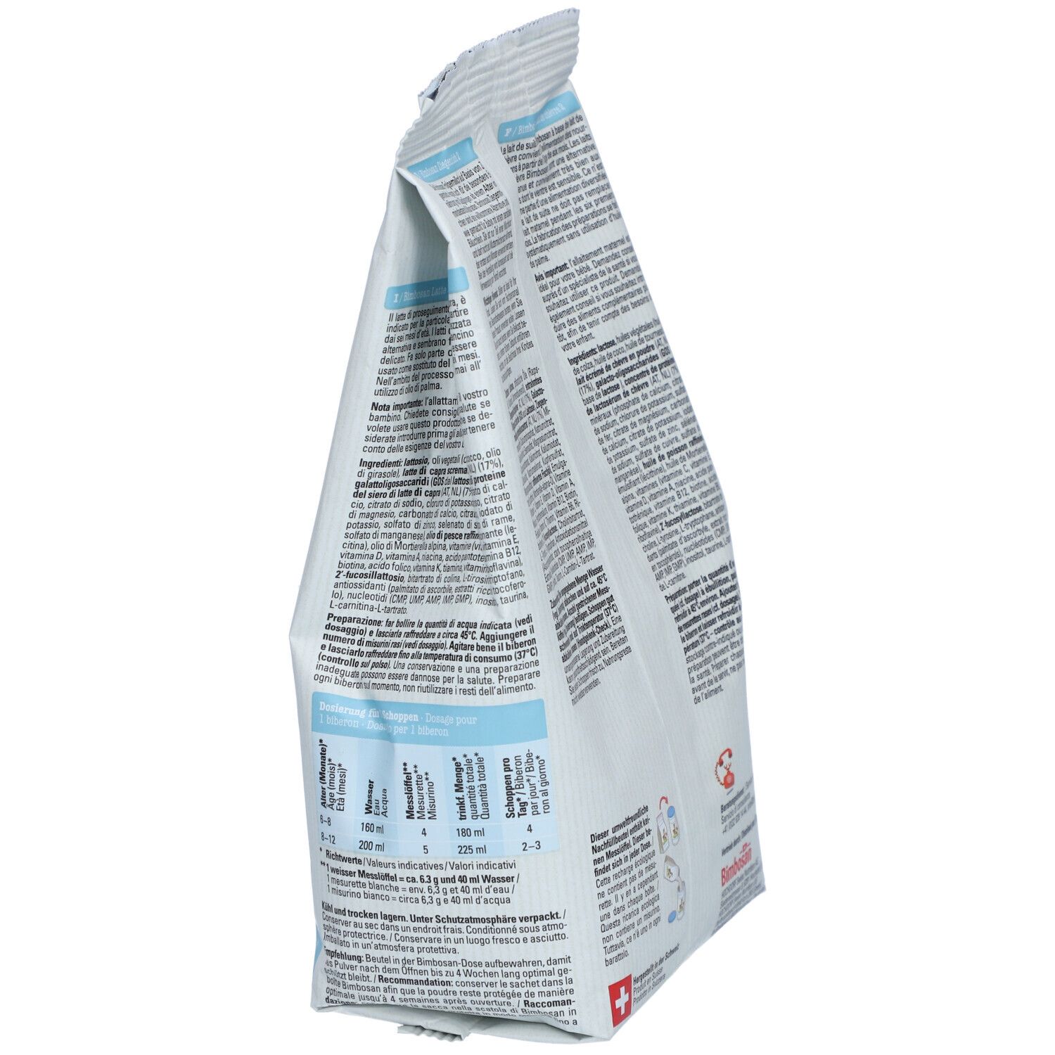 Bimbosan Ziegenmilch Folgemilch 2-verpakking, zijaanzicht. Tekst: bereiding, dosering. Zwitsers kruis.