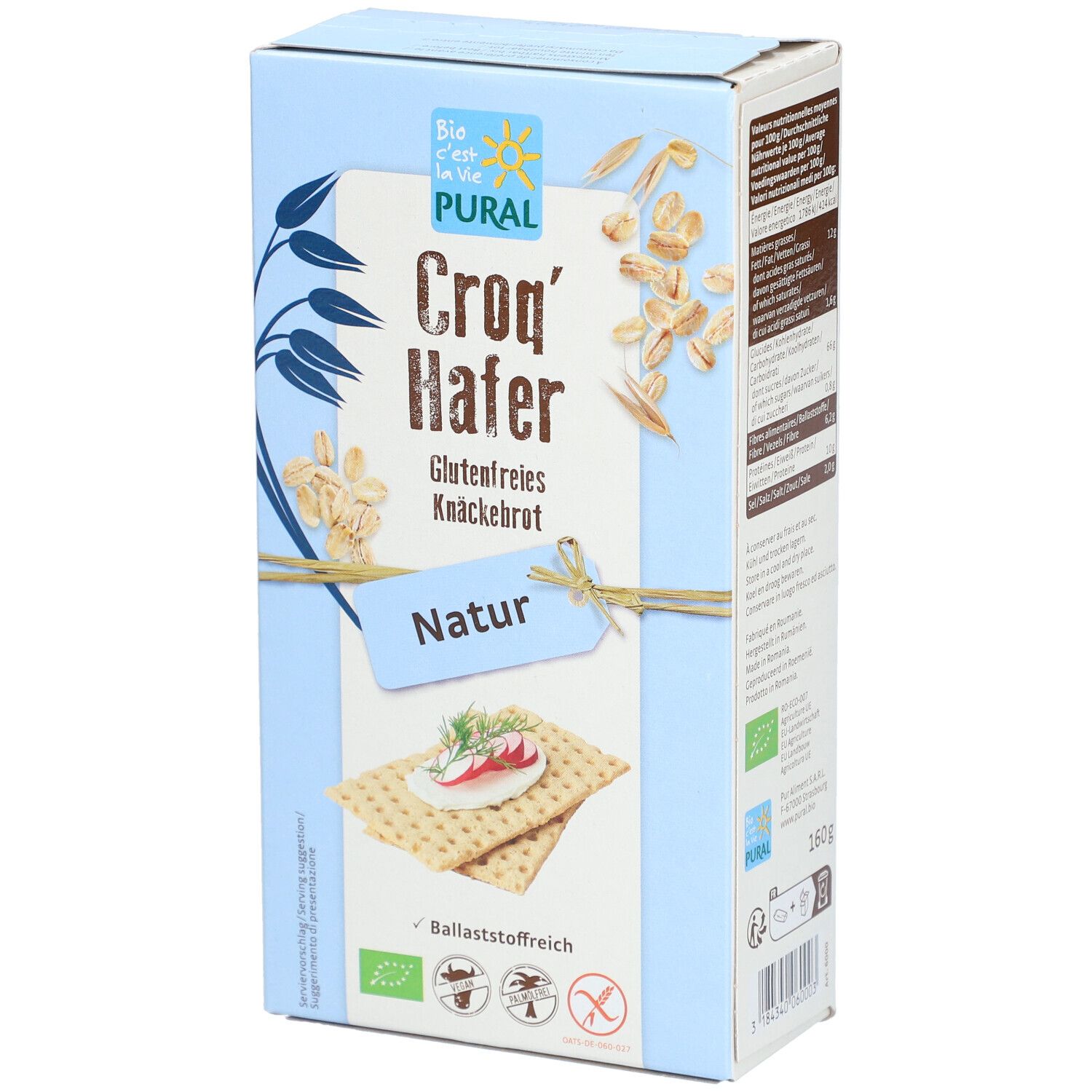 Lichtblauwe kartonnen verpakking met PURAL-logo en tekst Croq'Hafer Glutenfreies Knäckebrot Natur. Afbeelding van crackers.