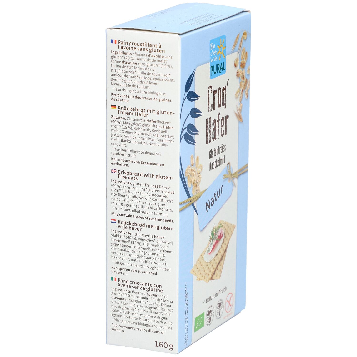 Kartonnen verpakking met PURAL-logo en teksten in het Duits, Engels, Nederlands en Italiaans. 160g. Biologisch label.