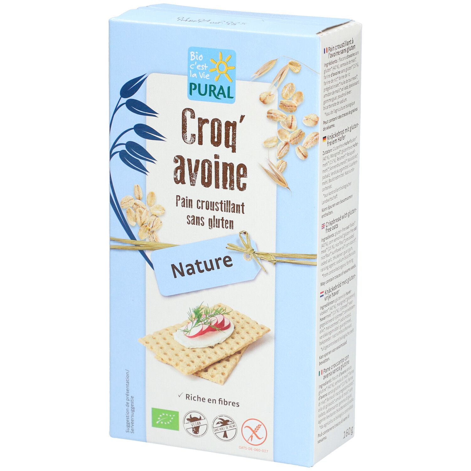 Lichtblauwe kartonnen verpakking met PURAL-logo en tekst Croq'avoine Pain croustillant sans gluten Nature. Afbeelding van crackers.