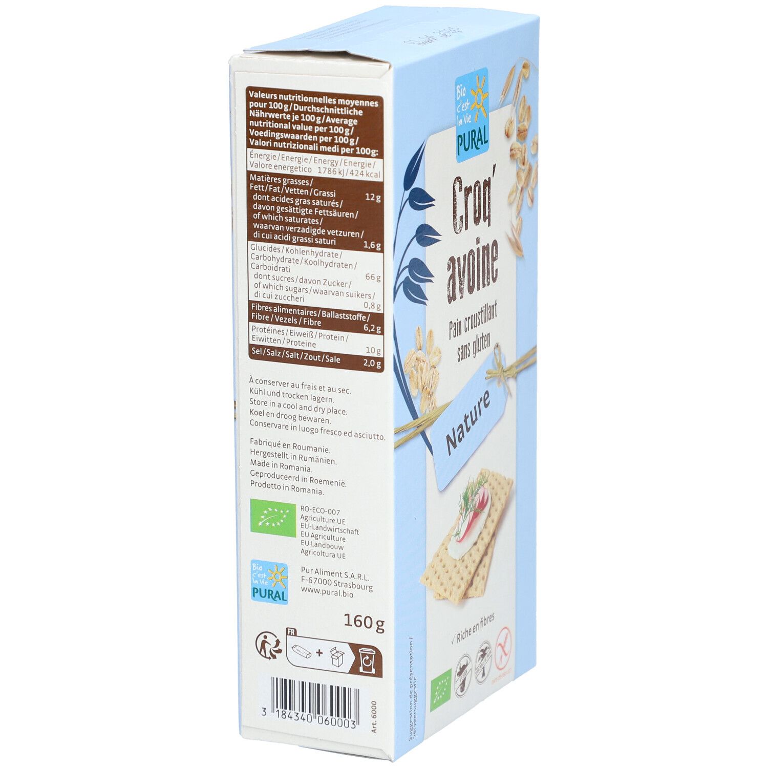 Kartonnen verpakking met PURAL-logo en teksten in het Duits, Engels, Nederlands en Italiaans. 160g. Biologisch label.