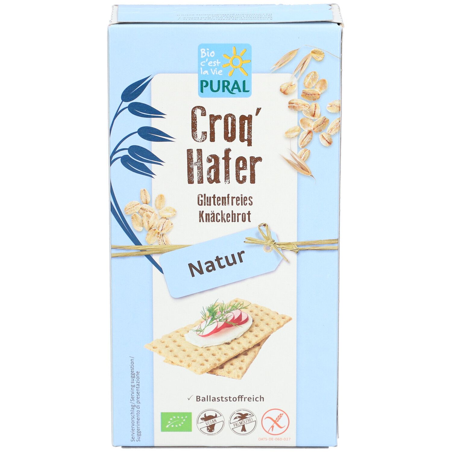 Lichtblauwe kartonnen verpakking met PURAL-logo en tekst Croq'Hafer Glutenfreies Knäckebrot Natur. Afbeelding van crackers.