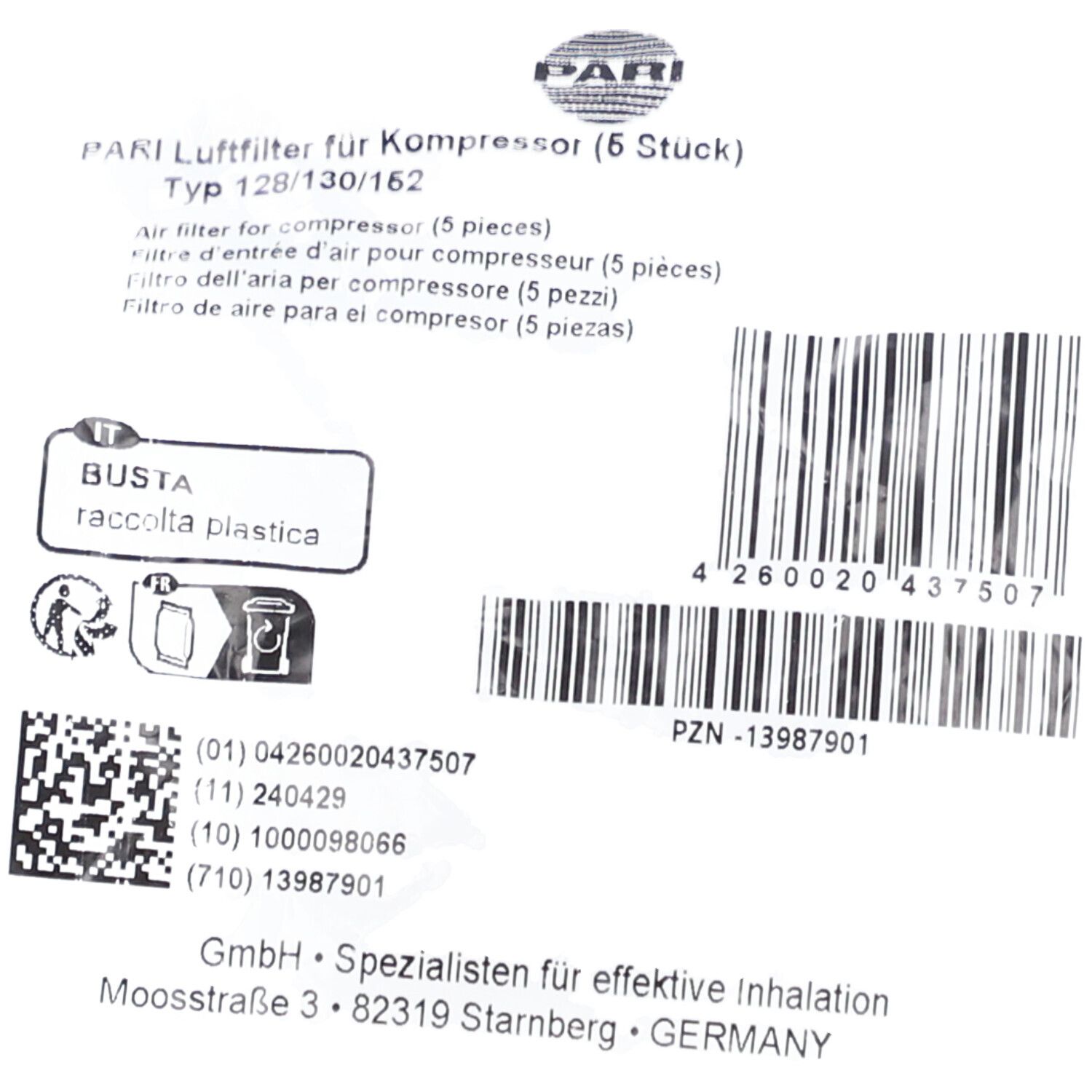 Emballage de filtres à air PARI pour compresseur. Texte: 6 pièces, type 128/130/152. Code-barres et informations.