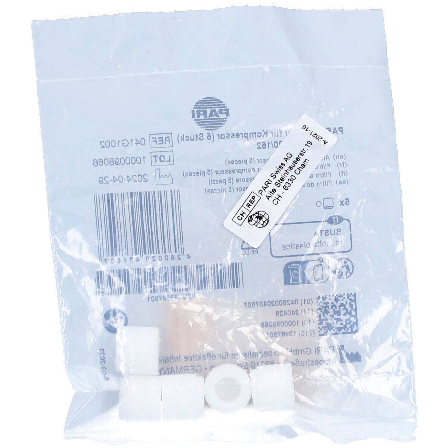Sachet plastique transparent avec filtres à air PARI blancs. Étiquette avec texte. Plusieurs filtres visibles.