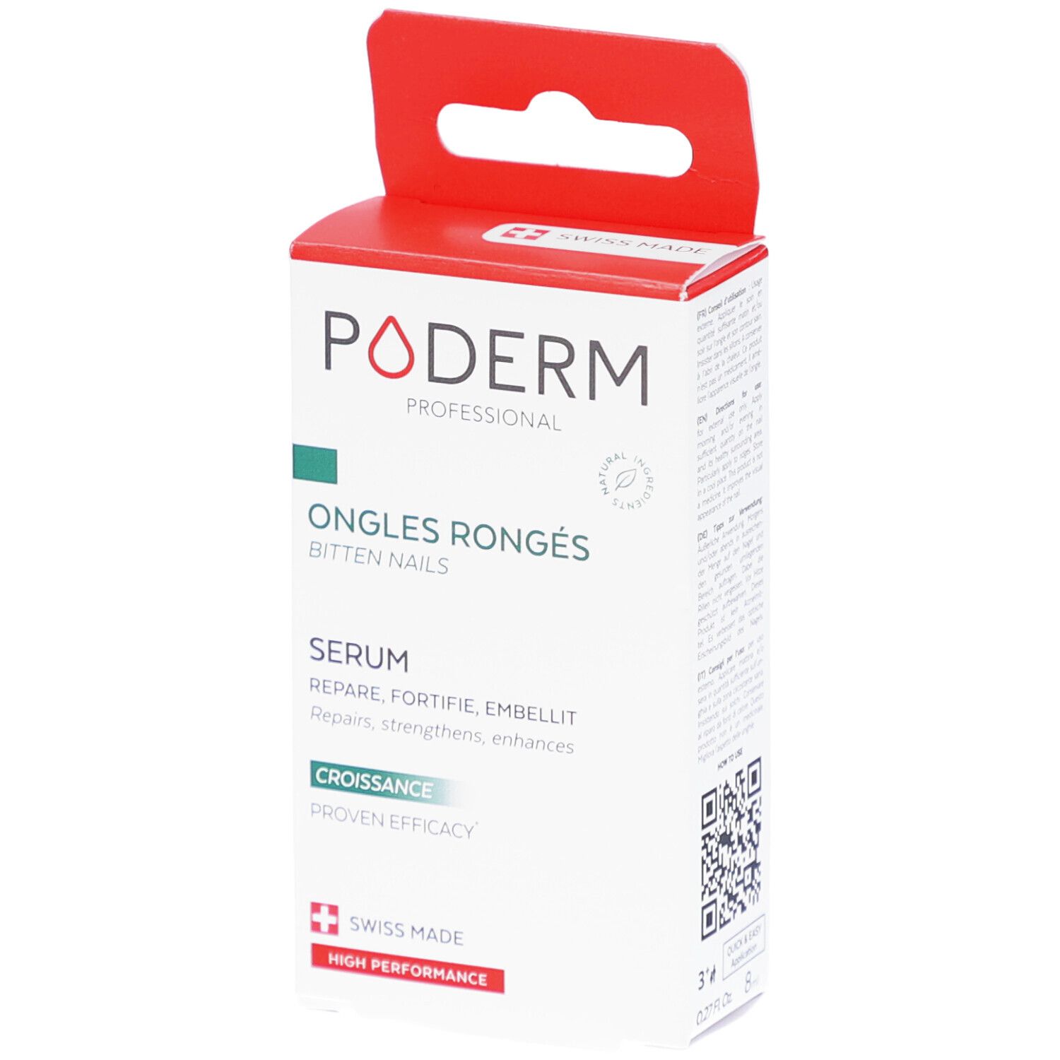 Verpakking PODERM Ongles Rongés, serum. Tekst in het Frans en Engels. Witte en rode doos met ophanglus.