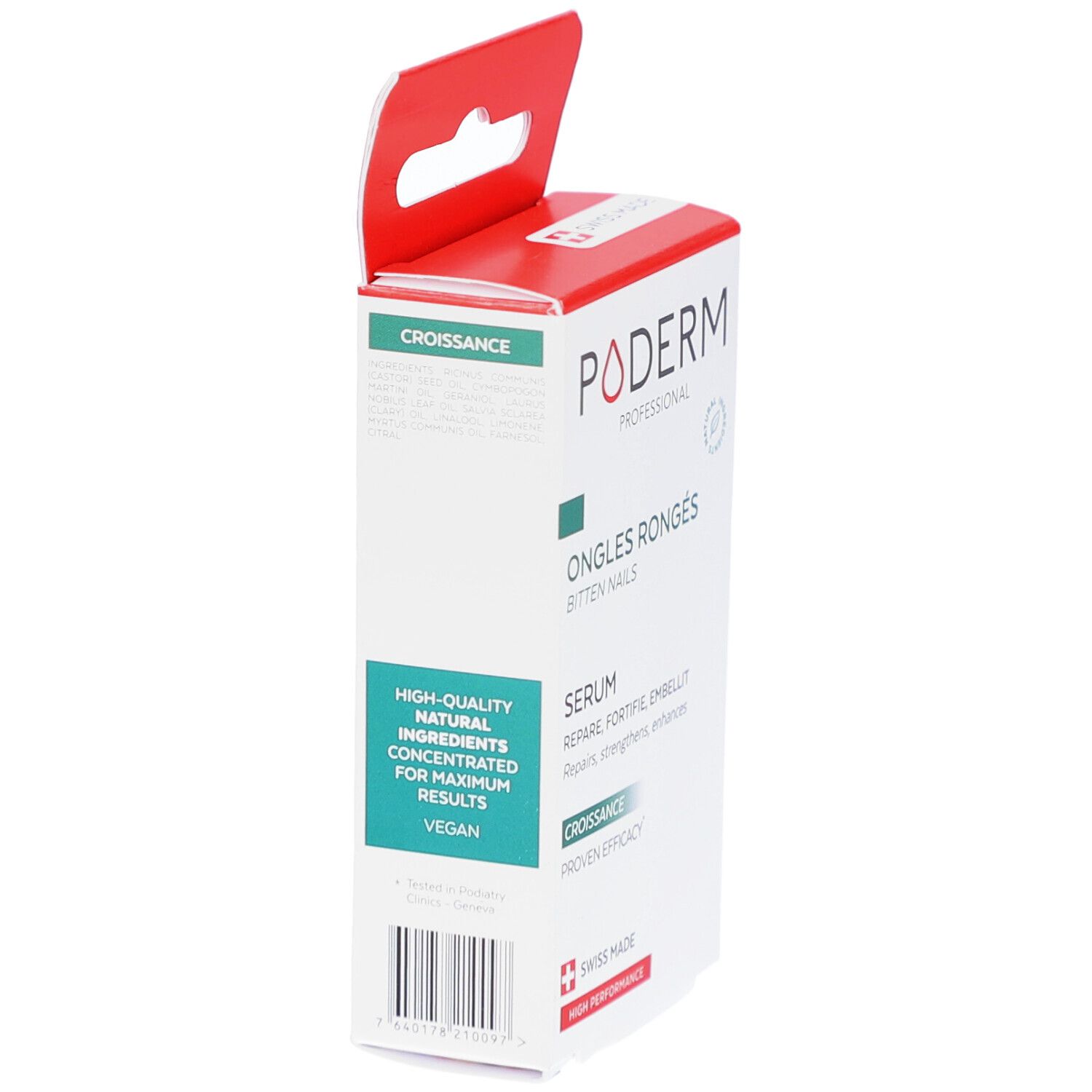 Zijaanzicht van de PODERM-verpakking. Tekst: Ongles Rongés, serum. Witte doos met rode ophanglus.