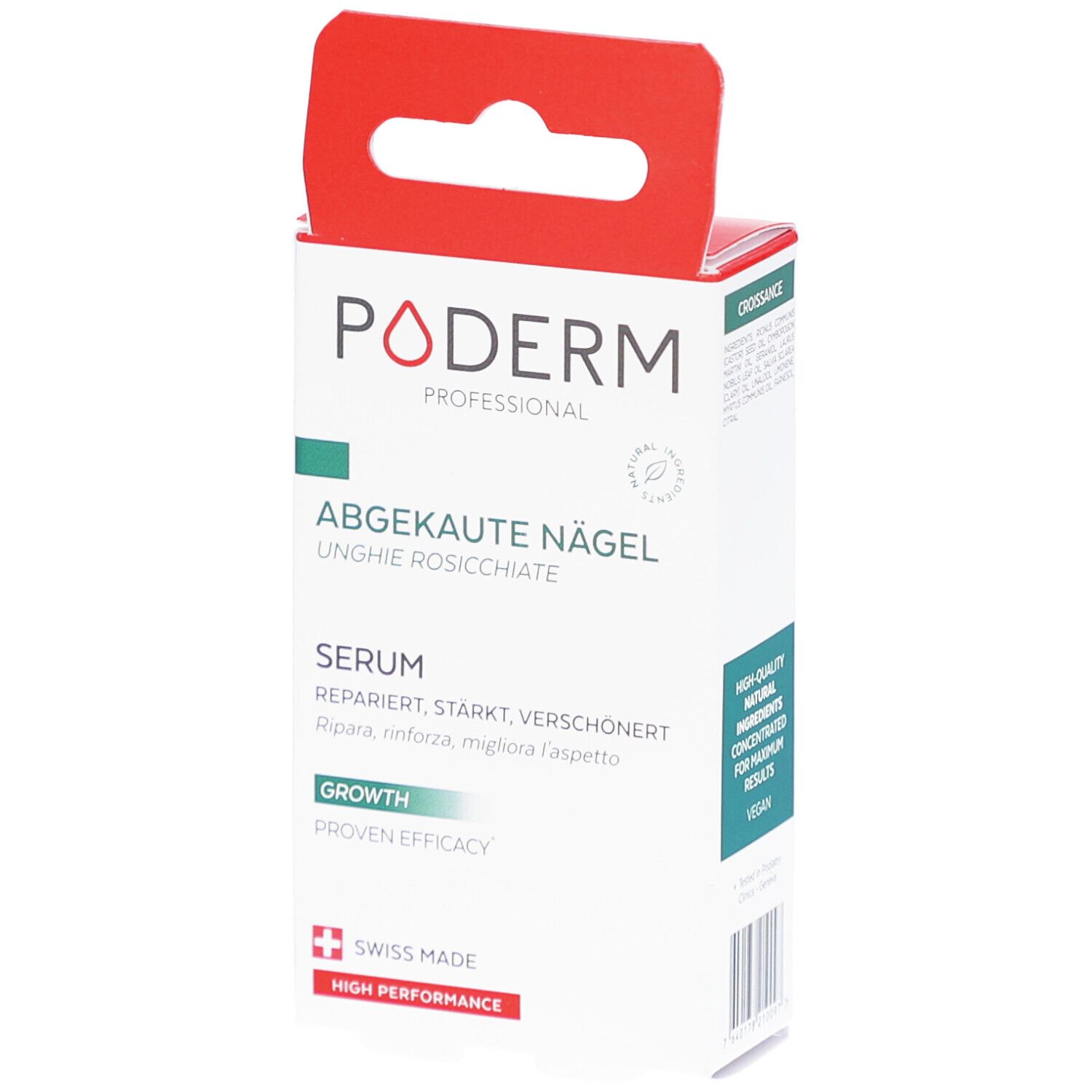 Verpakking PODERM, afgebeten nagels, serum. Tekst in het Duits en Italiaans. Witte en rode doos met ophanglus.