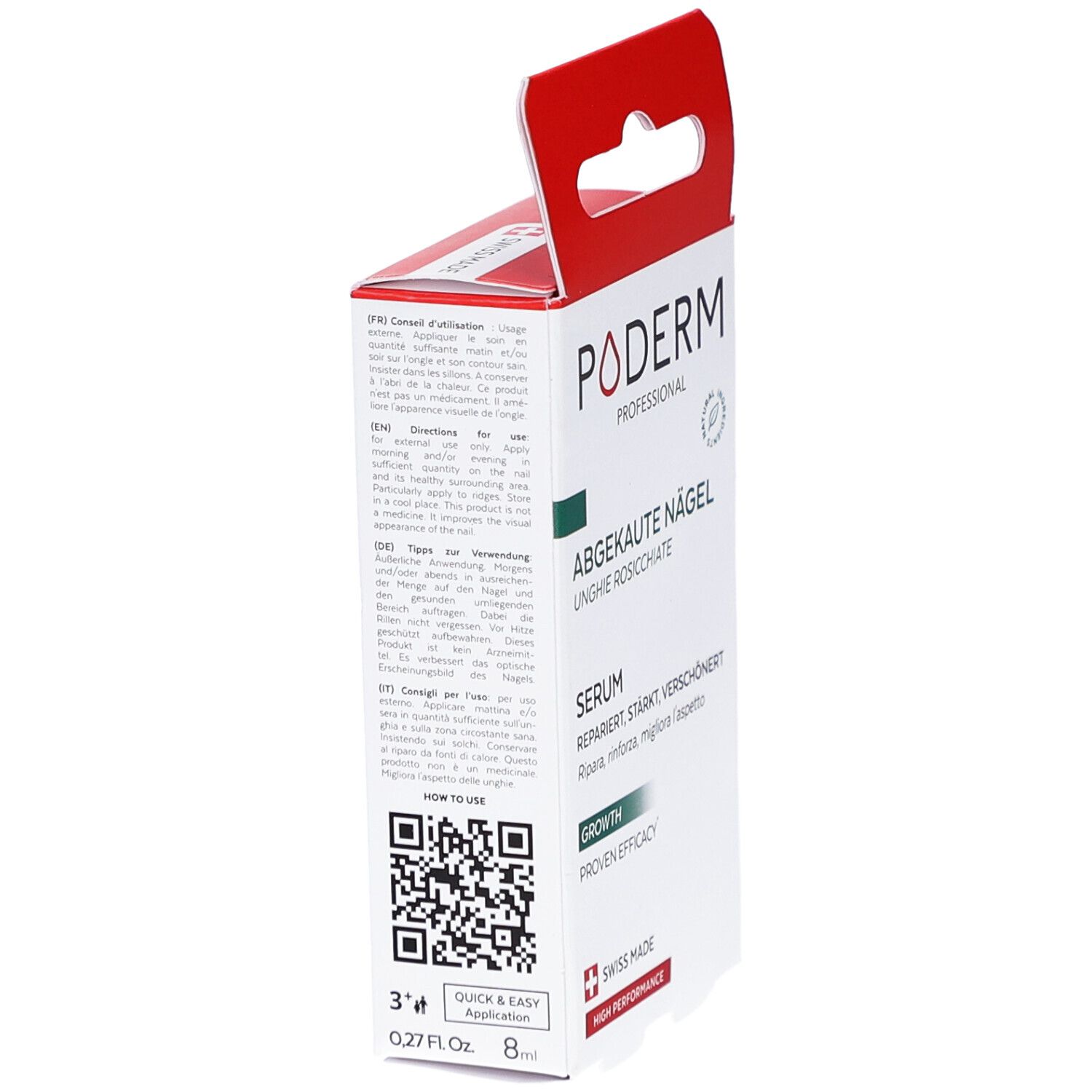 Zijaanzicht van de PODERM-verpakking. Tekst: Afgebeten nagels, serum. Witte doos met rode ophanglus.