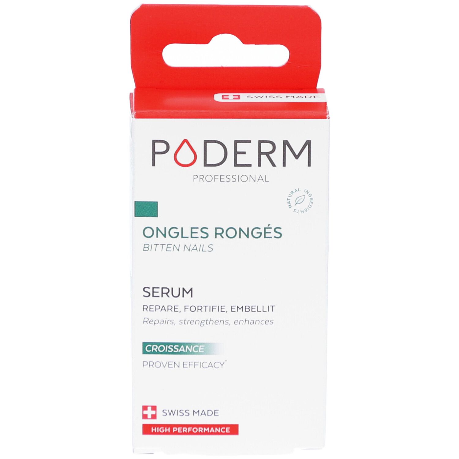 Verpakking PODERM Ongles Rongés, serum. Tekst in het Frans en Engels. Witte en rode doos met ophanglus.