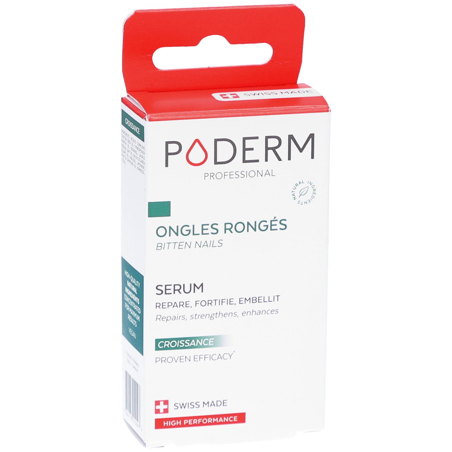 Verpakking PODERM Ongles Rongés, serum. Tekst in het Frans en Engels. Witte en rode doos met ophanglus.