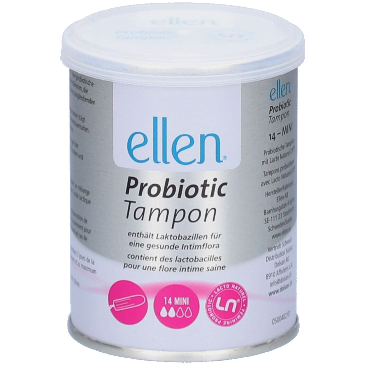 Cilindervormige doos met deksel. Opschrift: ellen Probiotic Tampon. Bevat 14 mini-tampons. LN-logo.