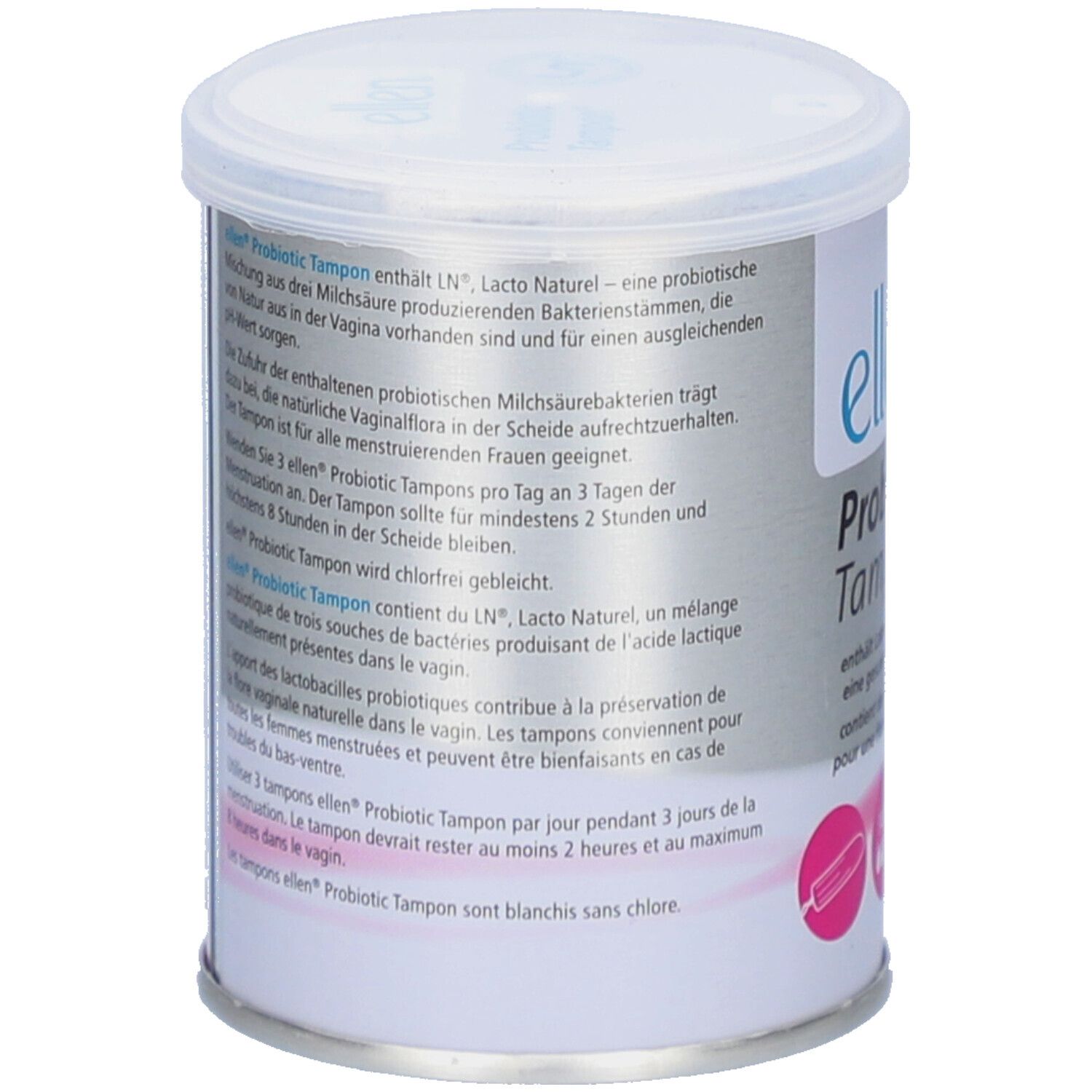 Doos met tekst. Beschrijft de ingrediënten en het gebruik van ellen Probiotic Tampons. Bevat informatie.