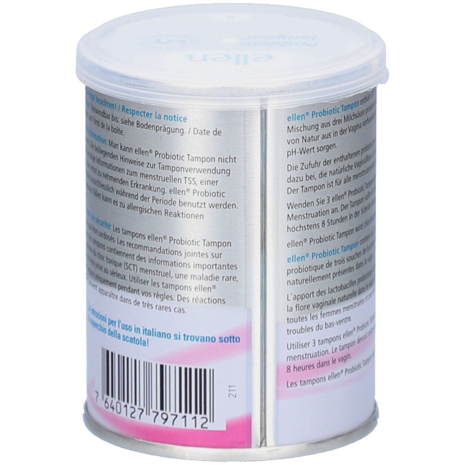 Doos met tekst. Bevat informatie over gebruik, veiligheid en ingrediënten van ellen Probiotic Tampons.