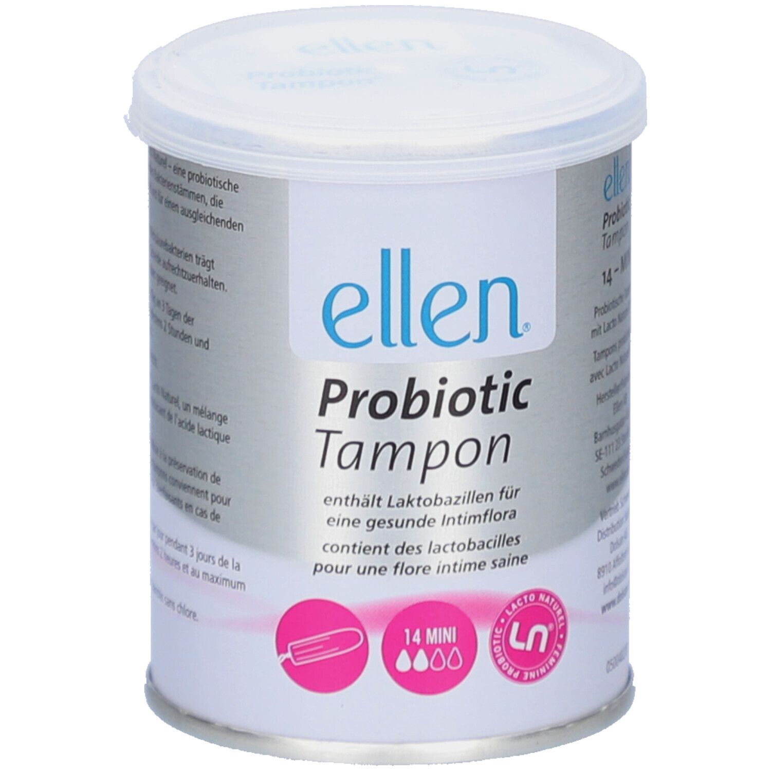 Cilindervormige doos met deksel. Opschrift: ellen Probiotic Tampon. Bevat 14 mini-tampons. LN-logo.