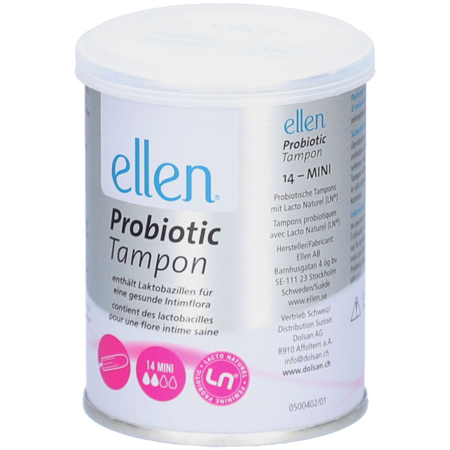 Cilindervormige doos met deksel. Opschrift: ellen Probiotic Tampon. Bevat 14 mini-tampons. LN-logo.