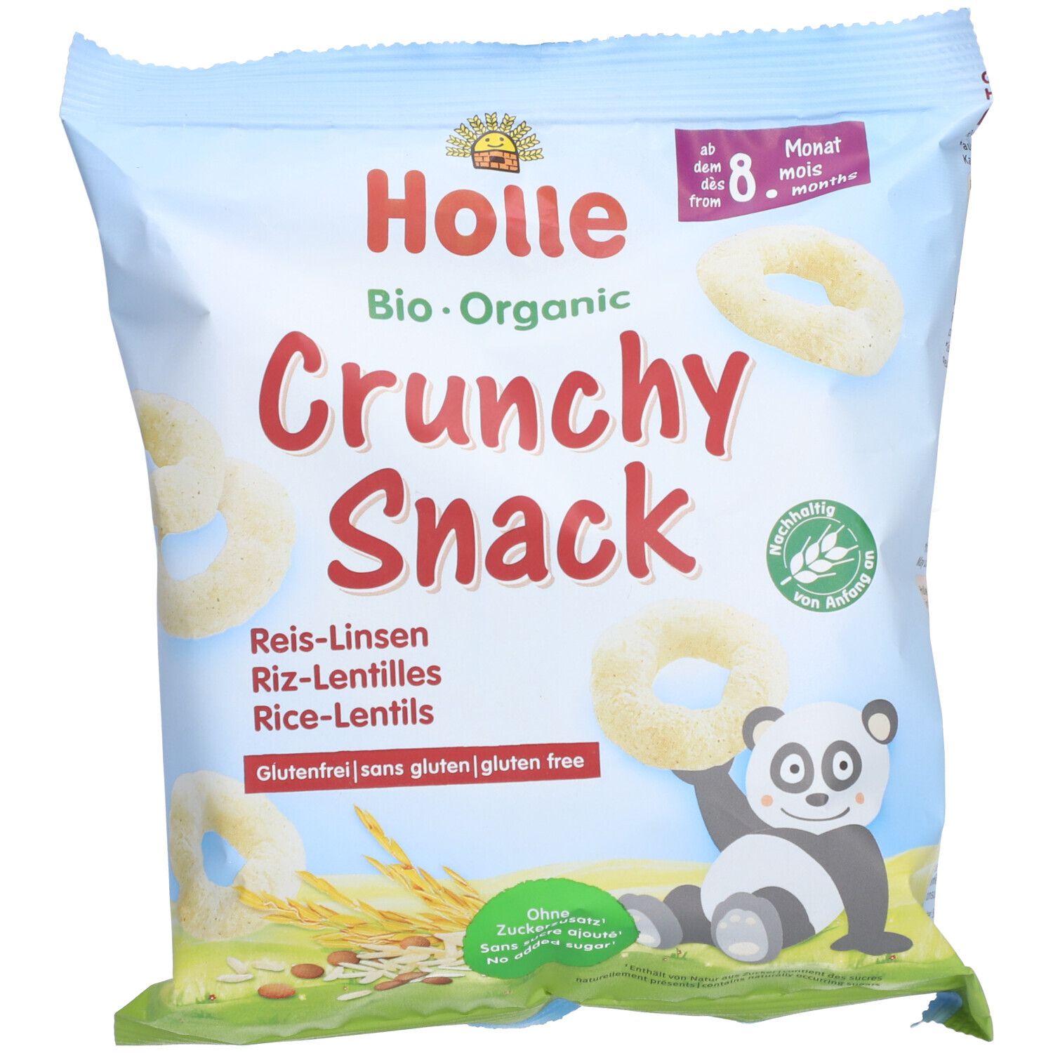 Holle Bio-Organic Crunchy Snack Riz-Lentilles, sans gluten, motif panda.