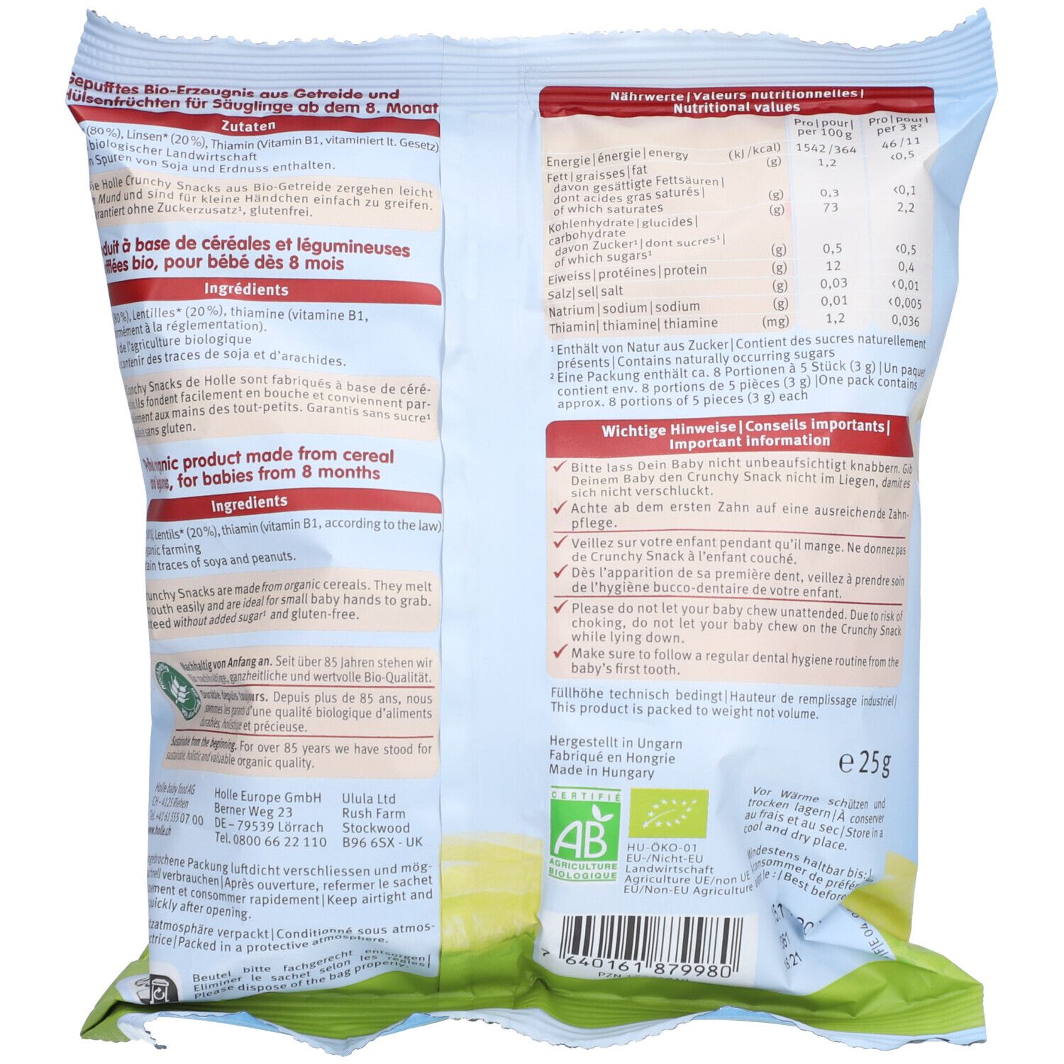 Dos Holle Bio-Organic Crunchy Snack Riz-Lentilles, informations nutritionnelles et ingrédients.