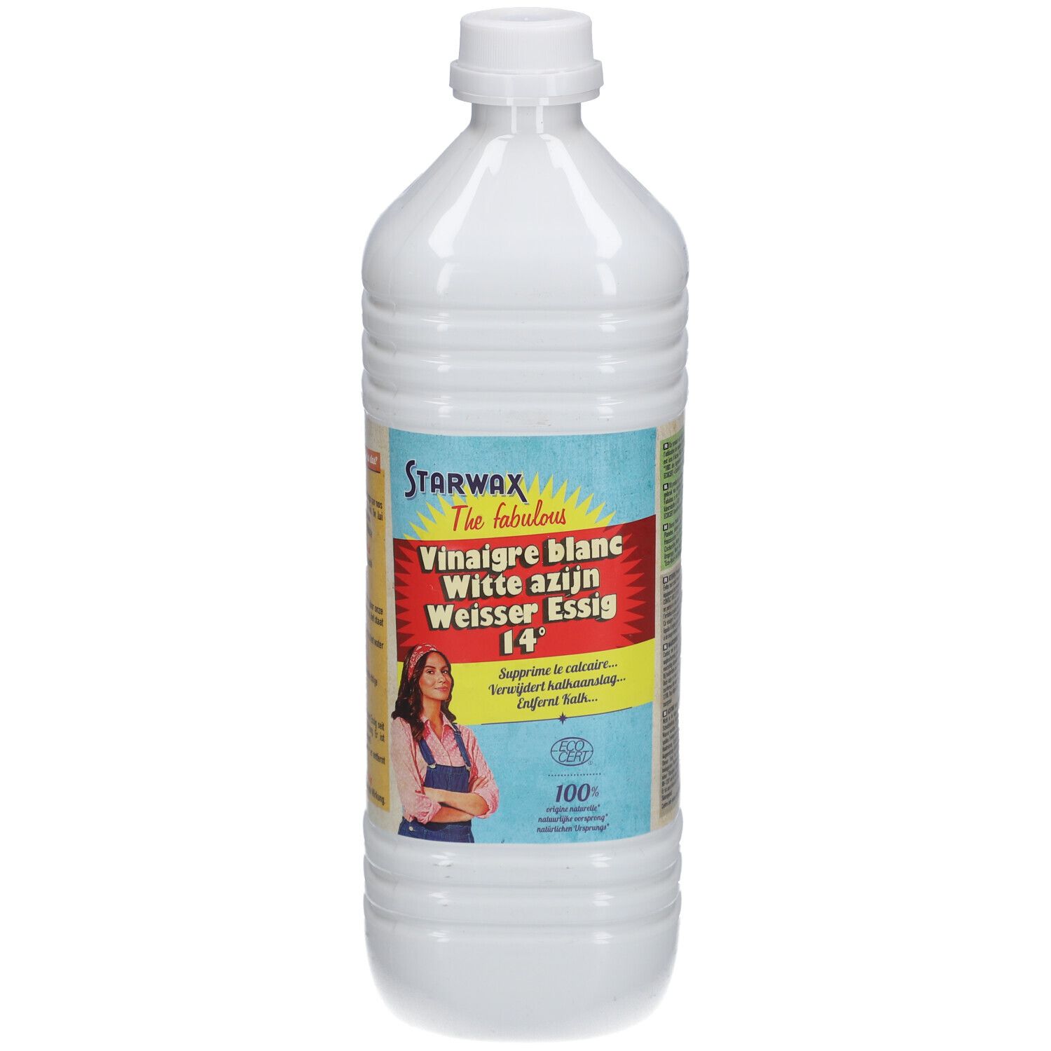 Witte fles met STARWAX-etiket. Opschrift: Vinaigre blanc, Witte azijn, Weisser Essig 14°. Illustratie van een vrouw.