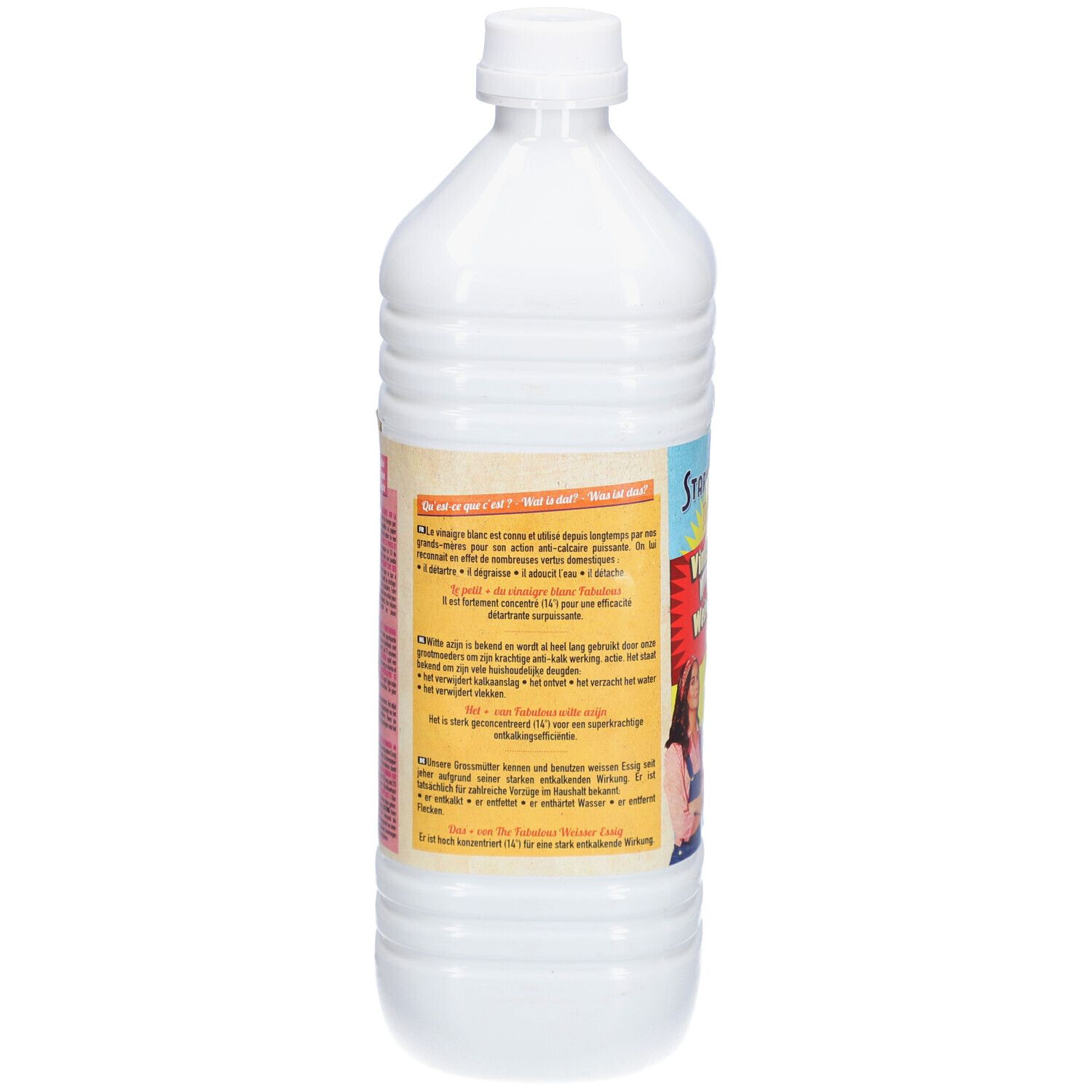 Achterkant van de witte fles. Tekst in meerdere talen. Bevat informatie over gebruik en ingrediënten.