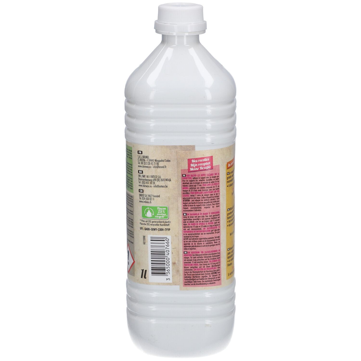Achterkant van de witte fles. Tekst in meerdere talen. Bevat informatie over gebruik en ingrediënten. 1L-aanduiding.