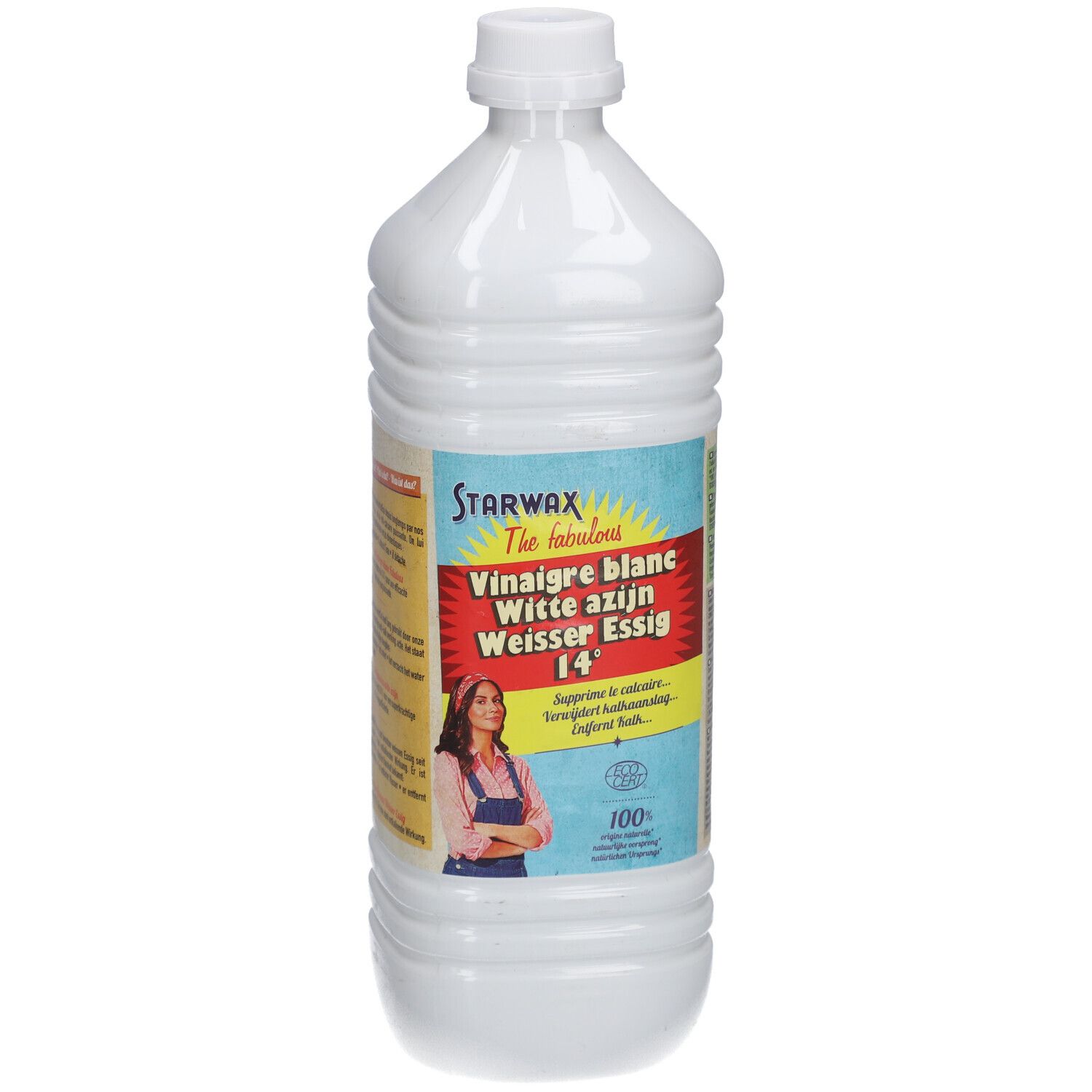 Witte fles met STARWAX-etiket. Opschrift: Vinaigre blanc, Witte azijn, Weisser Essig 14°. Illustratie van een vrouw.