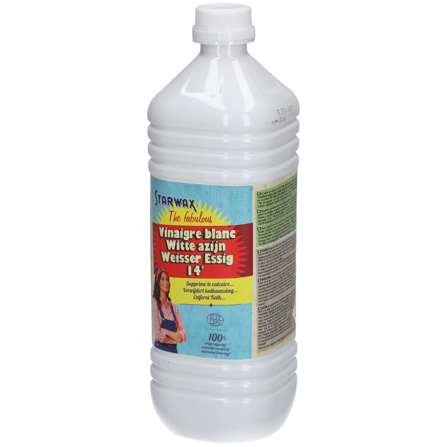Witte fles met STARWAX-etiket. Opschrift: Vinaigre blanc, Witte azijn, Weisser Essig 14°. Illustratie van een vrouw.