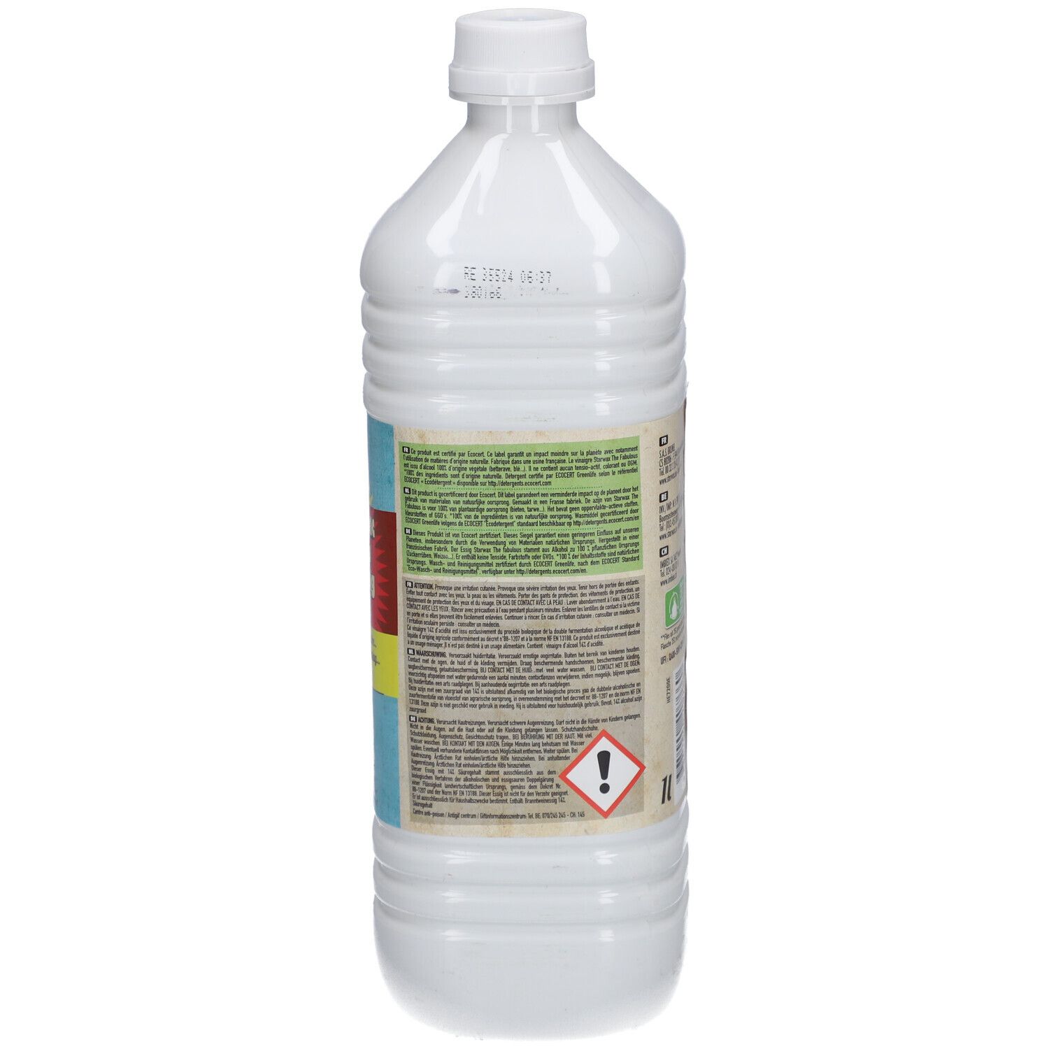 Achterkant van de witte fles. Tekst in meerdere talen. Bevat informatie over gebruik en ingrediënten. Gevaarsymbool.