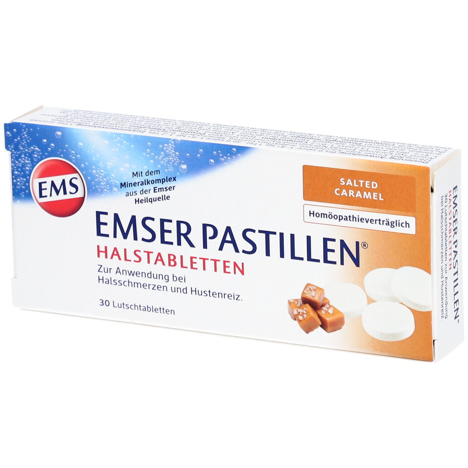 Wit en blauw doosje EMSER Pastillen. Opschrift: 30 zuigtabletten, Salted Caramel. Afbeelding van pastilles en karamel snoepjes.