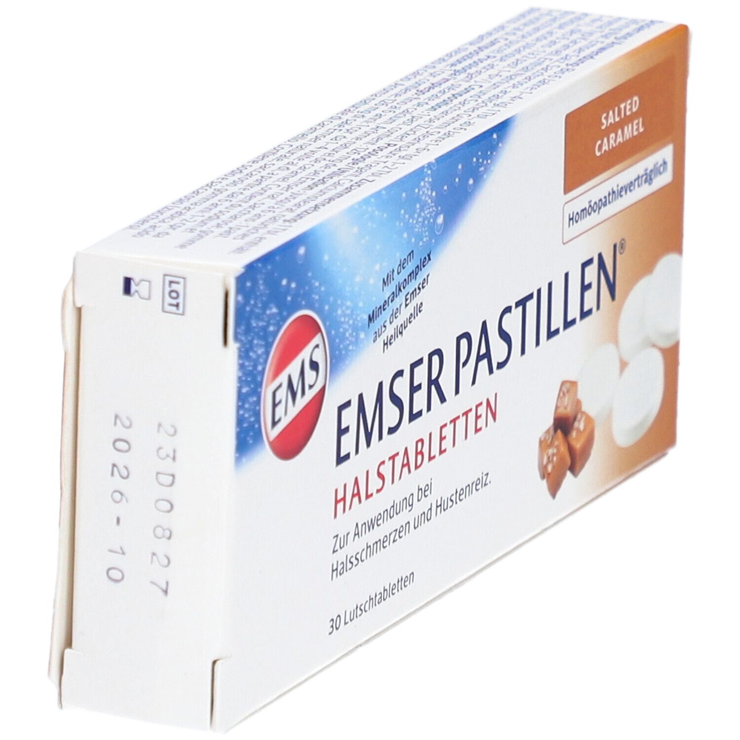 Doosje EMSER Pastillen, Salted Caramel. Opschrift: 30 zuigtabletten. Zichtbaar: pastilles, karamel snoepjes. Datum: 2026-10.