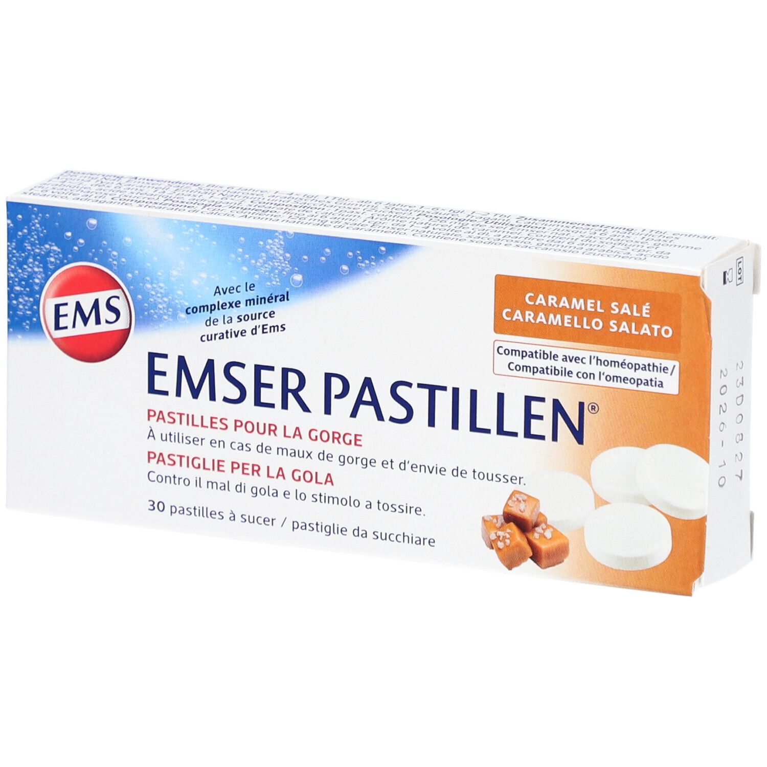 Wit en blauw doosje EMSER Pastillen. Opschrift: 30 pastilles, Caramel salé, Pastilles pour la gorge. Afbeelding van pastilles en snoepjes.