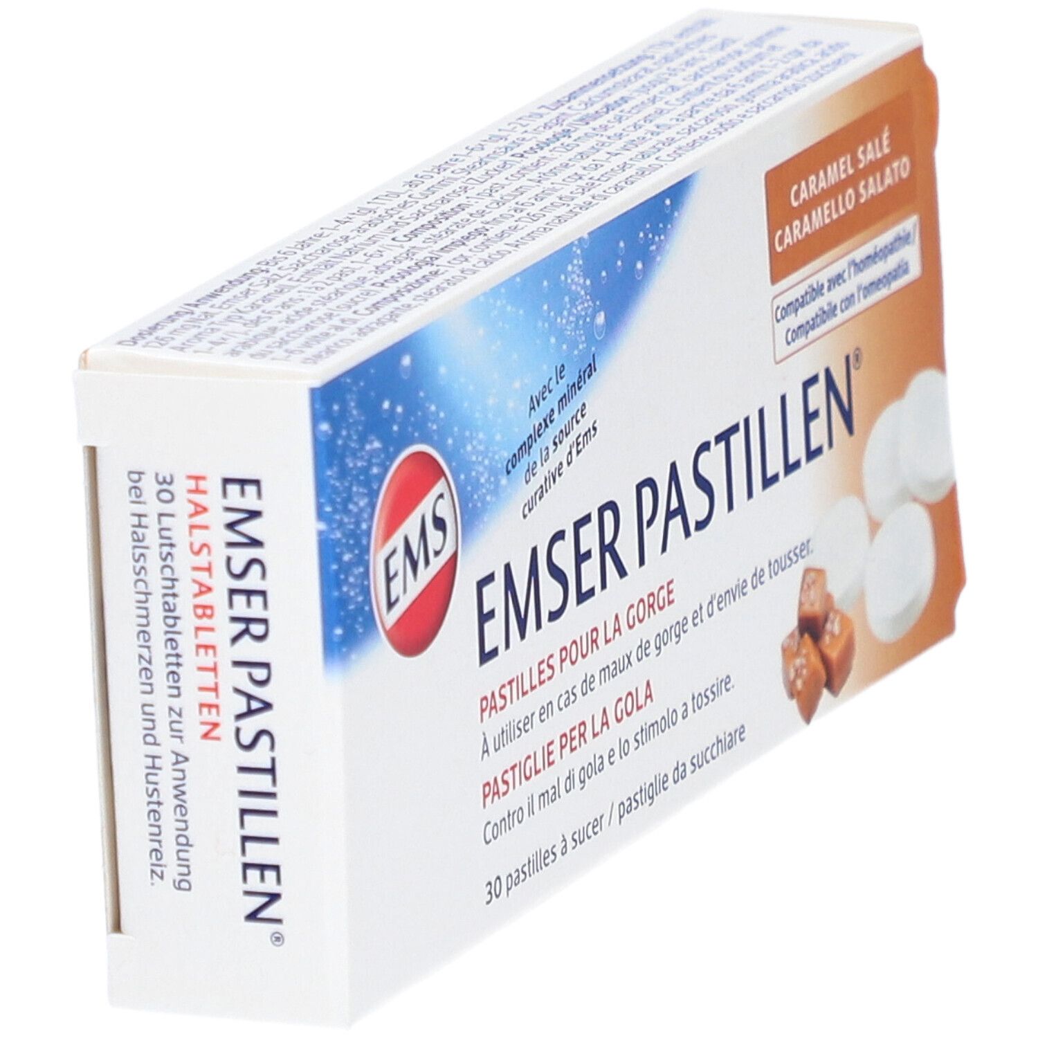 Doosje EMSER Pastillen, Caramel salé. Opschrift: 30 pastilles, Pastilles pour la gorge. Zichtbaar: pastilles, karamel snoepjes.